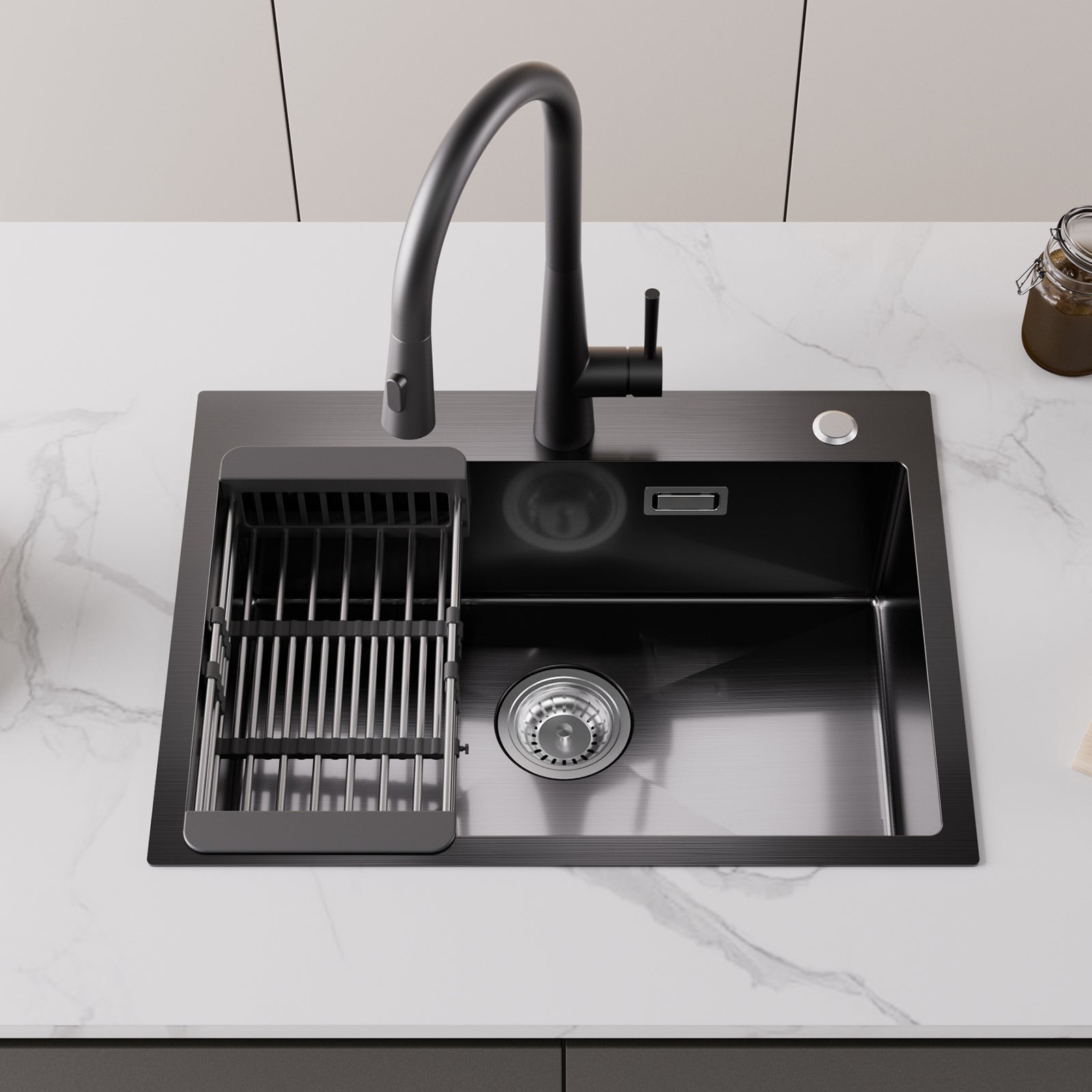 Évier Cuisine 60*45*18CM, Cuisine 1 Bac avec Panier de Drainage, Évier Inox Montage à Encastrer ou à Fleur, Noir anthracite - 5