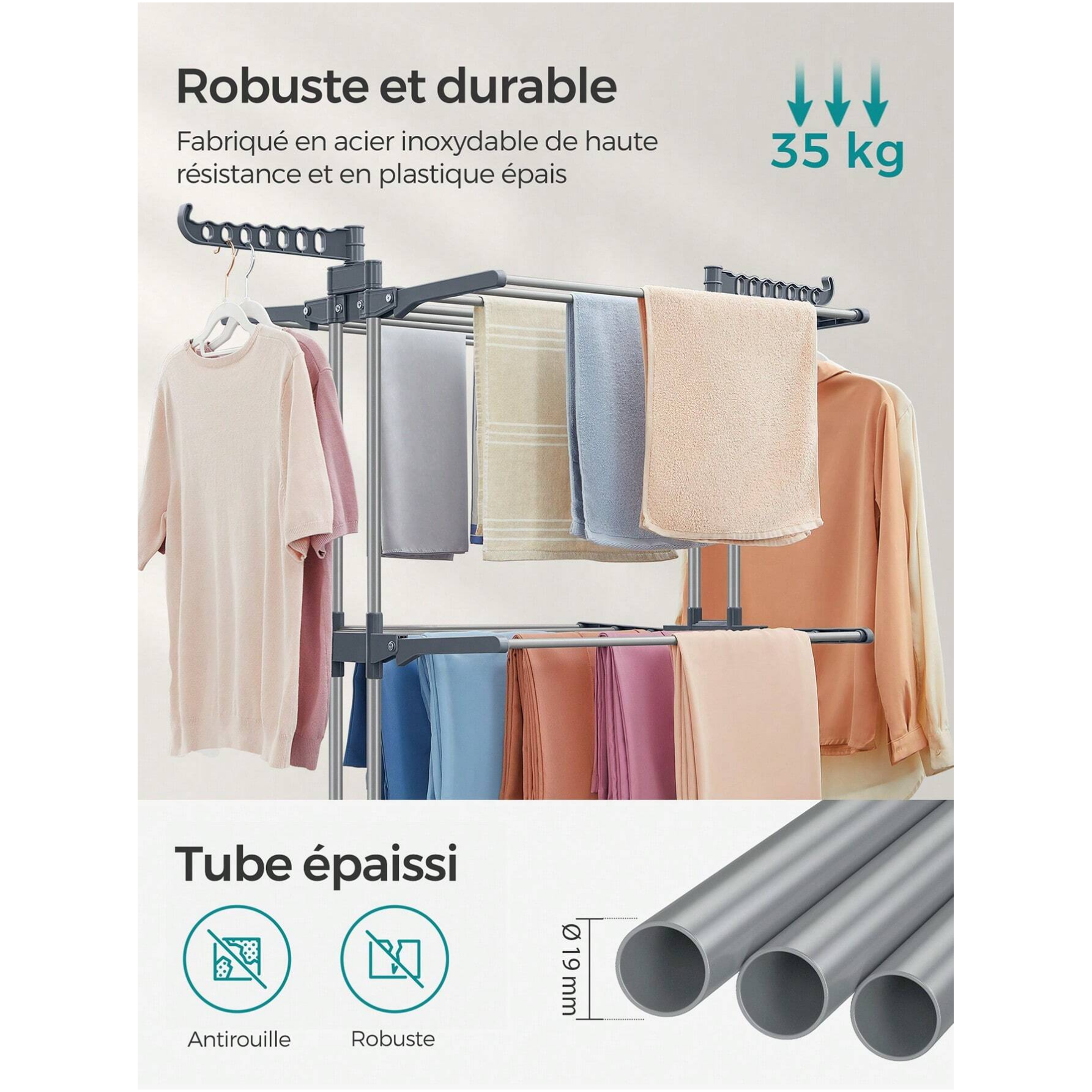 Étendoir à Linge,Séchoir Mobile à 4 Niveaux,avec Roulettes,Pliable,63,5 x 128 x 173 cm,Montage Facile, Utilisation Intérieure et Extérieure,Gris - 5
