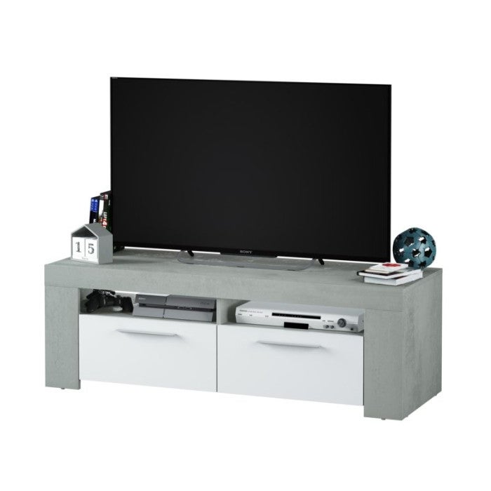 Meuble TV WENDY 2 portes et 2 niches de rangement L120cm - Blanc / Béton - 3