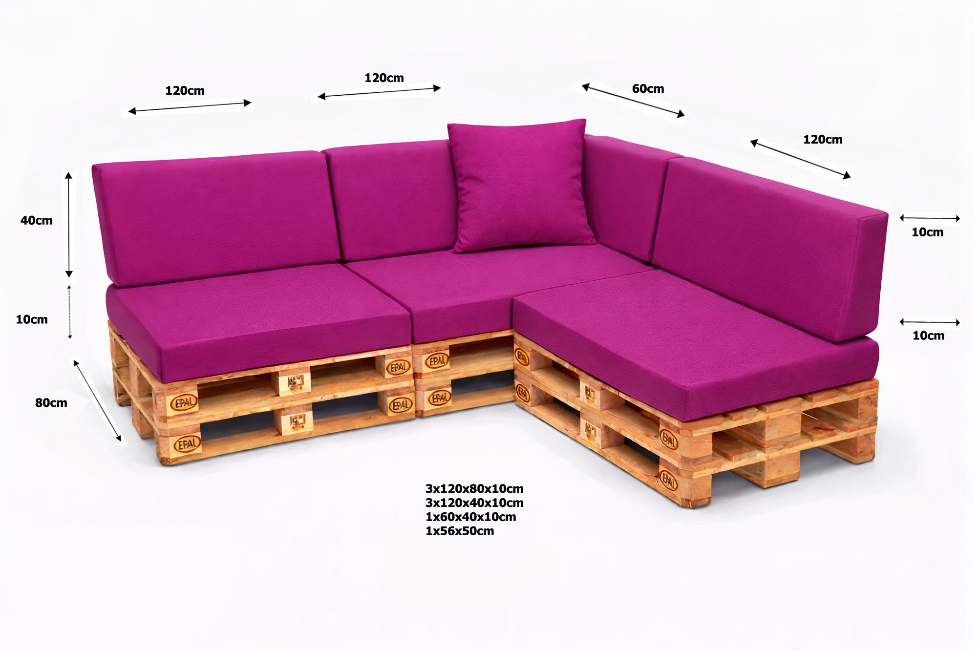 Zestaw 8 poduszek na palety ogrodowe 120×80×10 cm – siedzisko i oparcie 120×40×10 cm, poduszki na meble ogrdowe, różowe