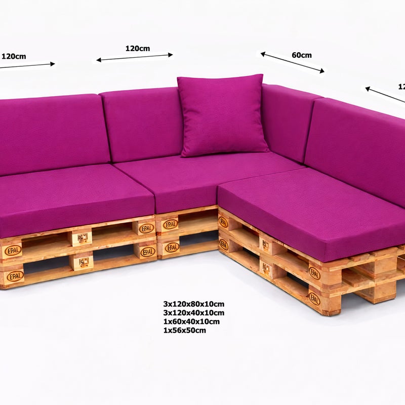 Zestaw 8 poduszek na palety ogrodowe 120×80×10 cm – siedzisko i oparcie 120×40×10 cm, poduszki na meble ogrdowe, różowe