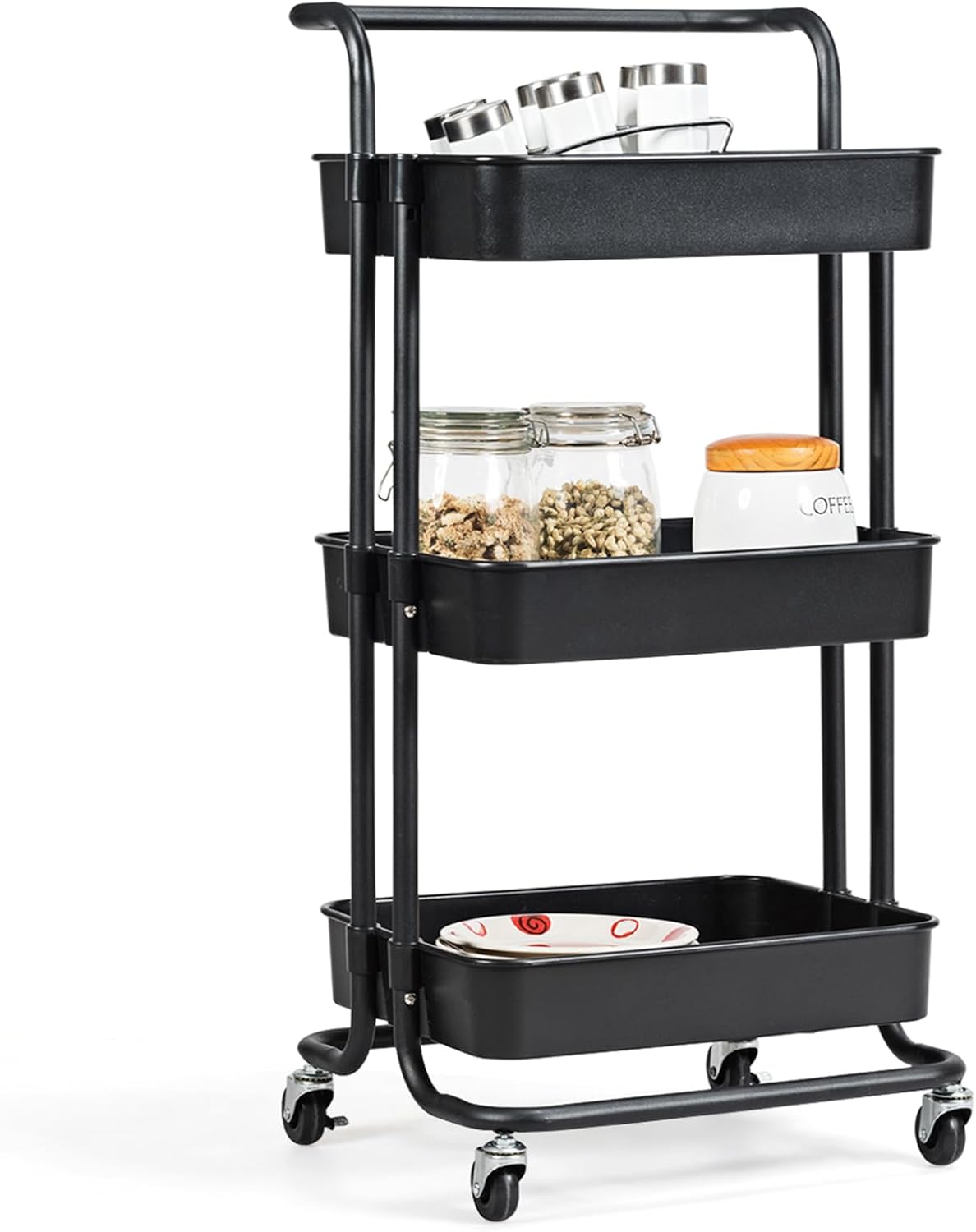 Carrello Portatutto A 3 Ripiani In Metallo - Con Ganci E Ruote Girevoli, Per Cucina, Bagno, Ufficio, 45x26x63 Cm, Nero