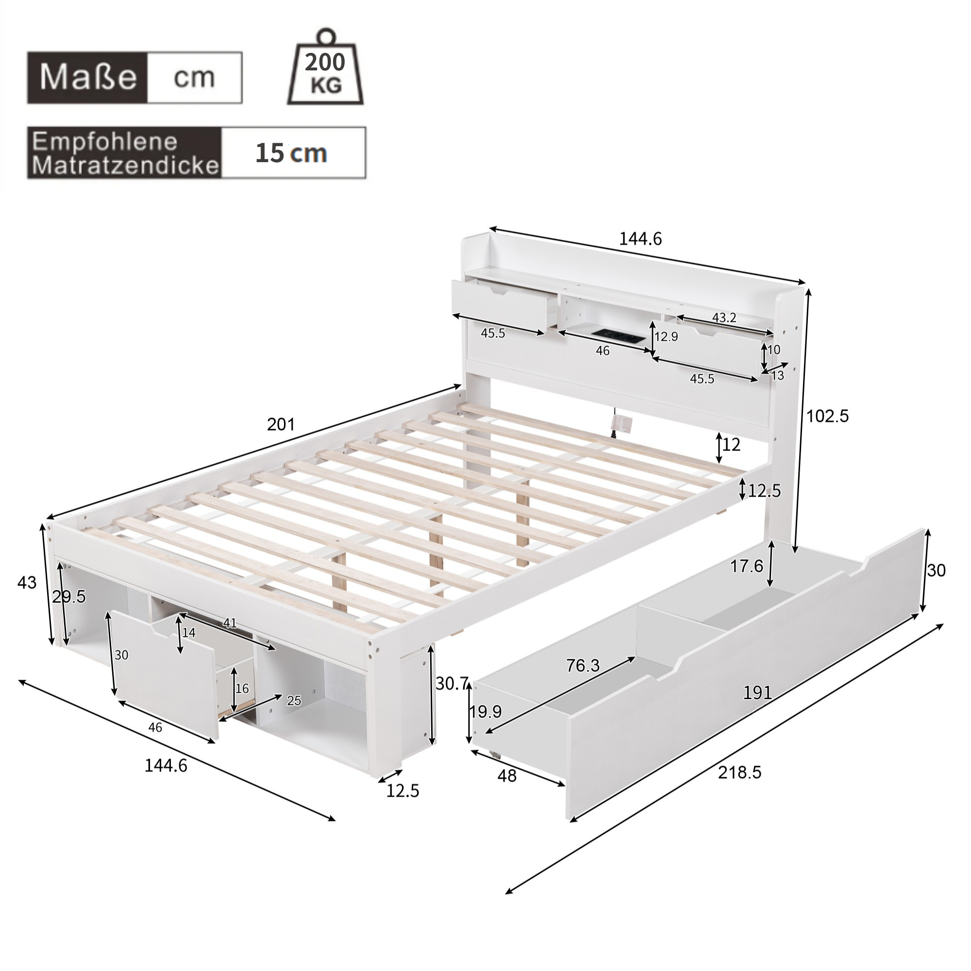 Łóżko podwójne 140 x 200 cm z szufladami i przegródkami - sosna i sklejka - port USB - białe (materac nie jest wliczony w cenę) - 8