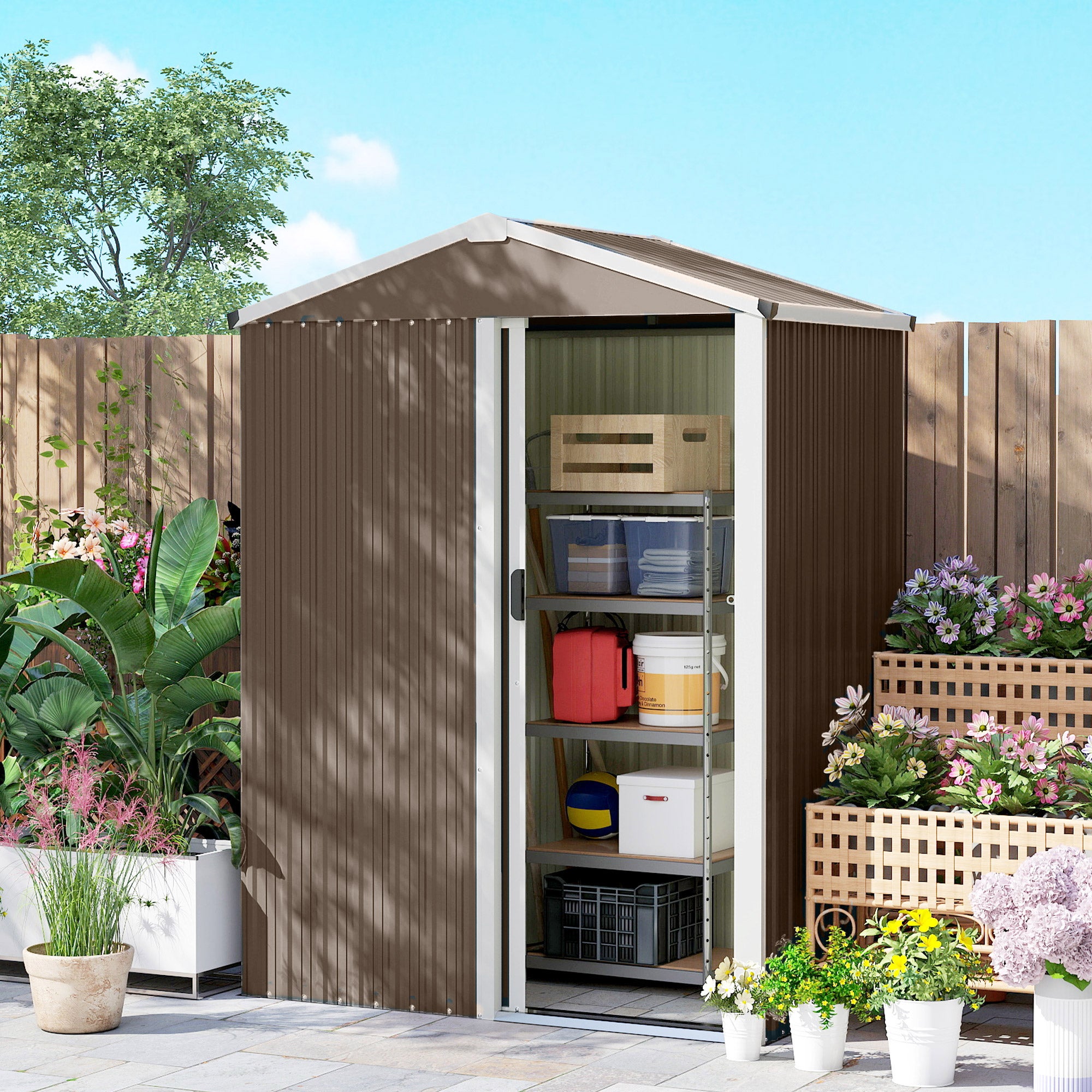 Caseta de Jardín Outsunny Acero Galvanizado Marrón 136x87x179 cm - 4