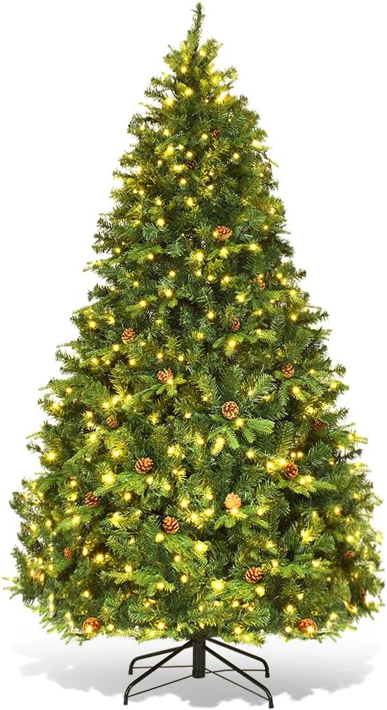 Sapin de Noël artificiel de 225 cm avec lumières, 71 pommes de pin, 540 LED blanc chaud, feuilles en PVC et PE ignifuges, 1125 branches，vert