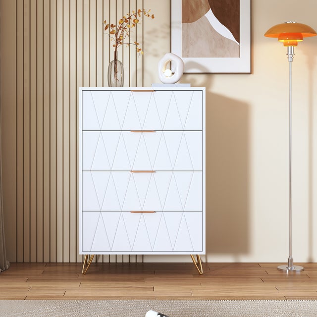 Cômoda Quarto 4 Gavetas, Móvel de Arrumação Branco, Estilo Moderno, Gaveteiro para Quarto, Escritório e Sala, 60x34x90cm