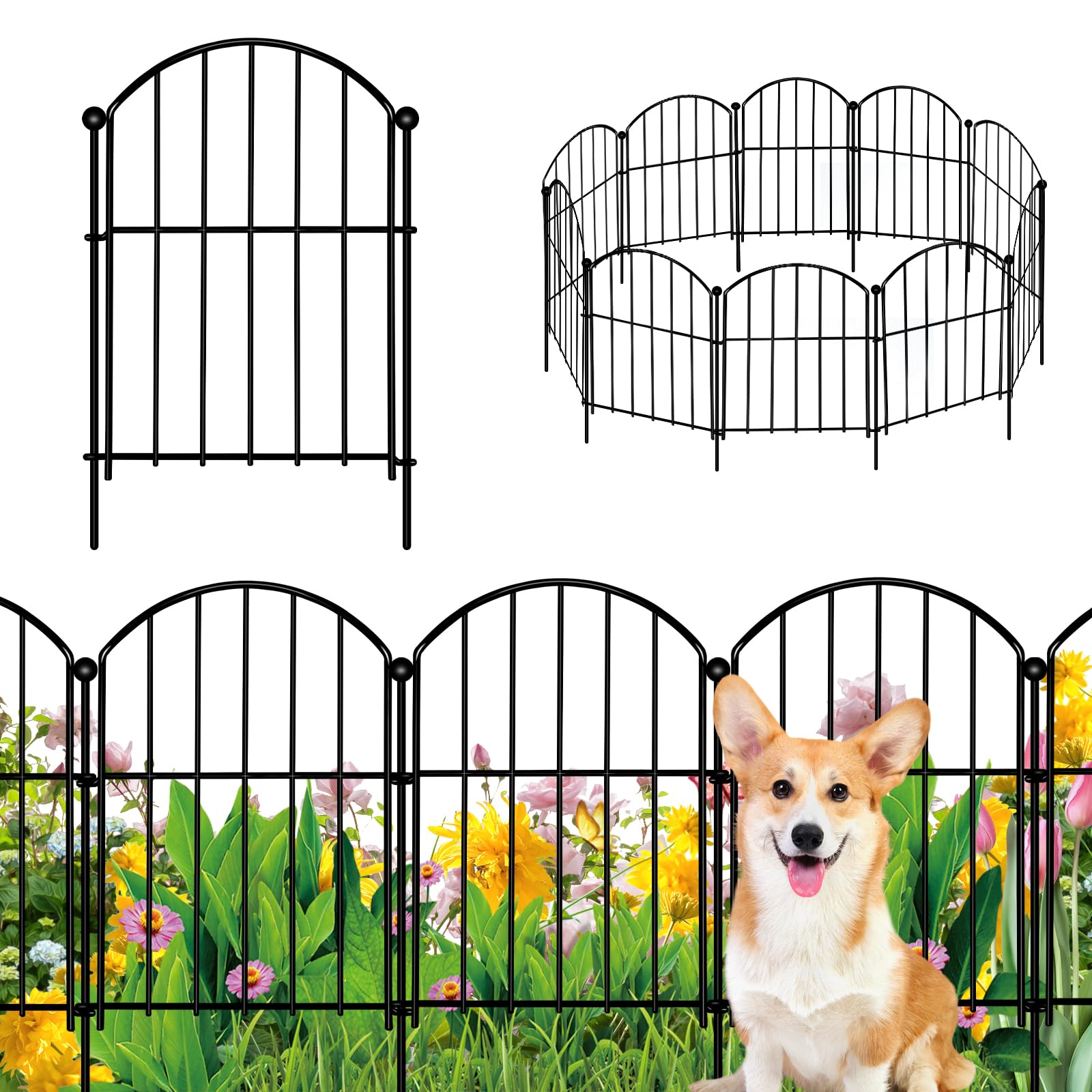 Paquete de 10 vallas decorativas de jardín de metal inoxidable para mascotas, barrera para perros, borde arqueado para parterres de flores, 43 x 33 cm