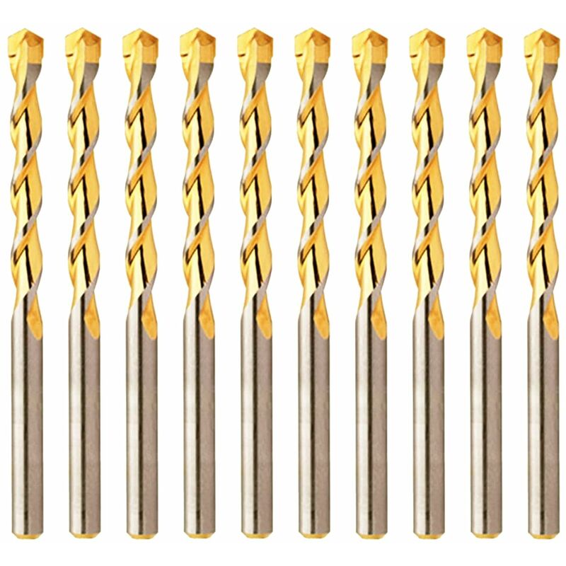 Zestaw 10 wierteł murarskich z węglików spiekanych ze złotą końcówką i końcówką wiertła (3 mm) do wiercenia w cegle, kamieniu, betonie, płytkach,
