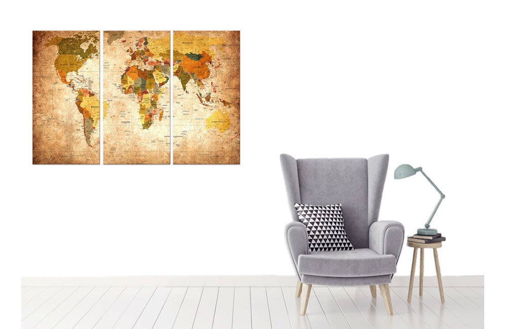 Tableau triptyque carte du monde ton orangé - 90x60 cm - 2
