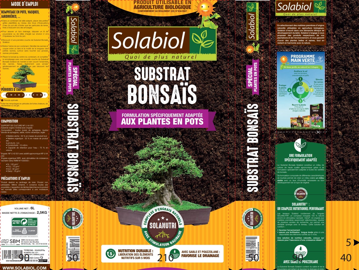 SOLABIOL TERBON6 - Terreau Bonsaïs - 5 mois de nutrition - 6L - Stimulateur Racinaire - Utilisable en Agriculture Biologique - 6