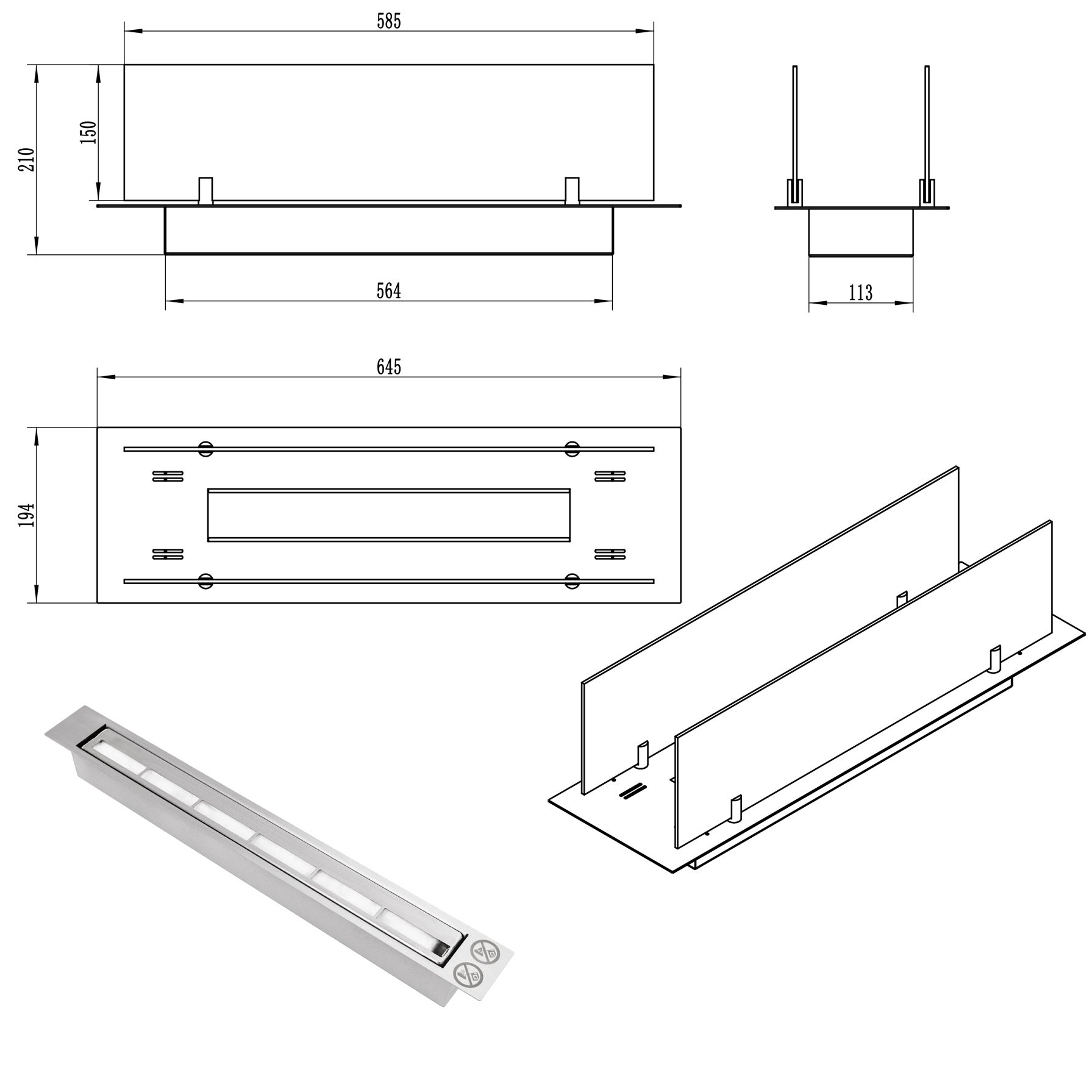 Camino a bioetanolo da incasso 65 cm – inserto per mobile, armadio o cartongesso - 9