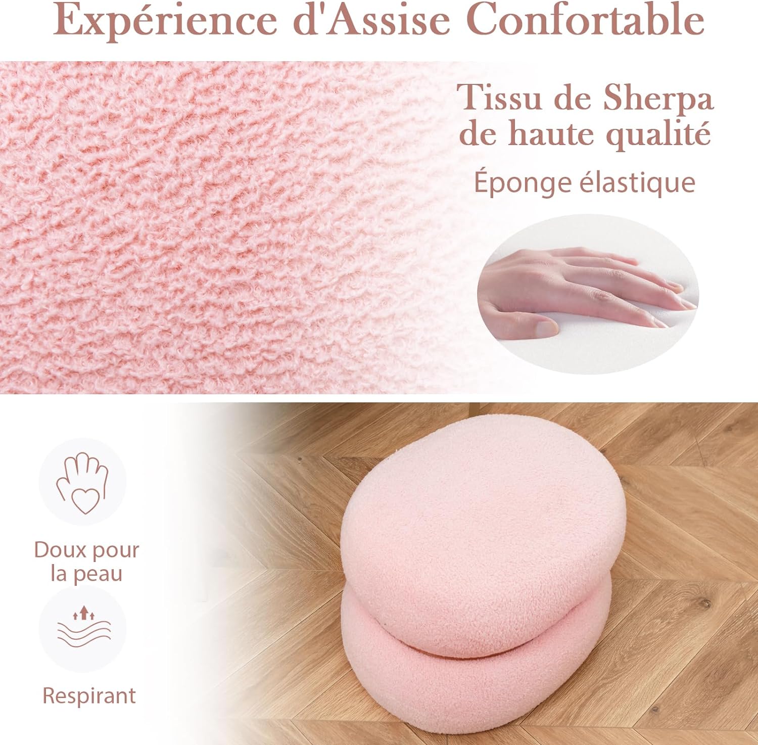 Tabouret de Coiffeuse en Fausse Fourrure, Pouf, Repose-Pieds Rembourré, Base Stable et Patins Antidérapants, Max.300kg, 44x35x35cm, Rose - 3