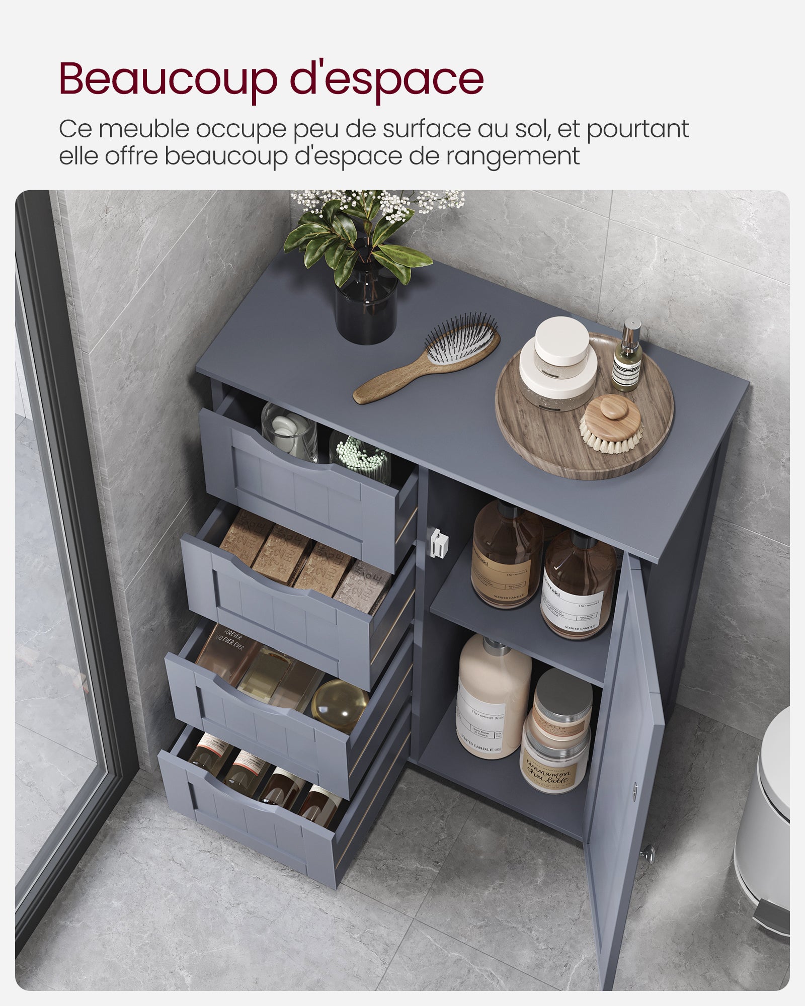 Armoire De Salle De Bain, Avec 4 Tiroirs, Placard avec Porte, 30 x 55 x 82 cm, Gris - 2