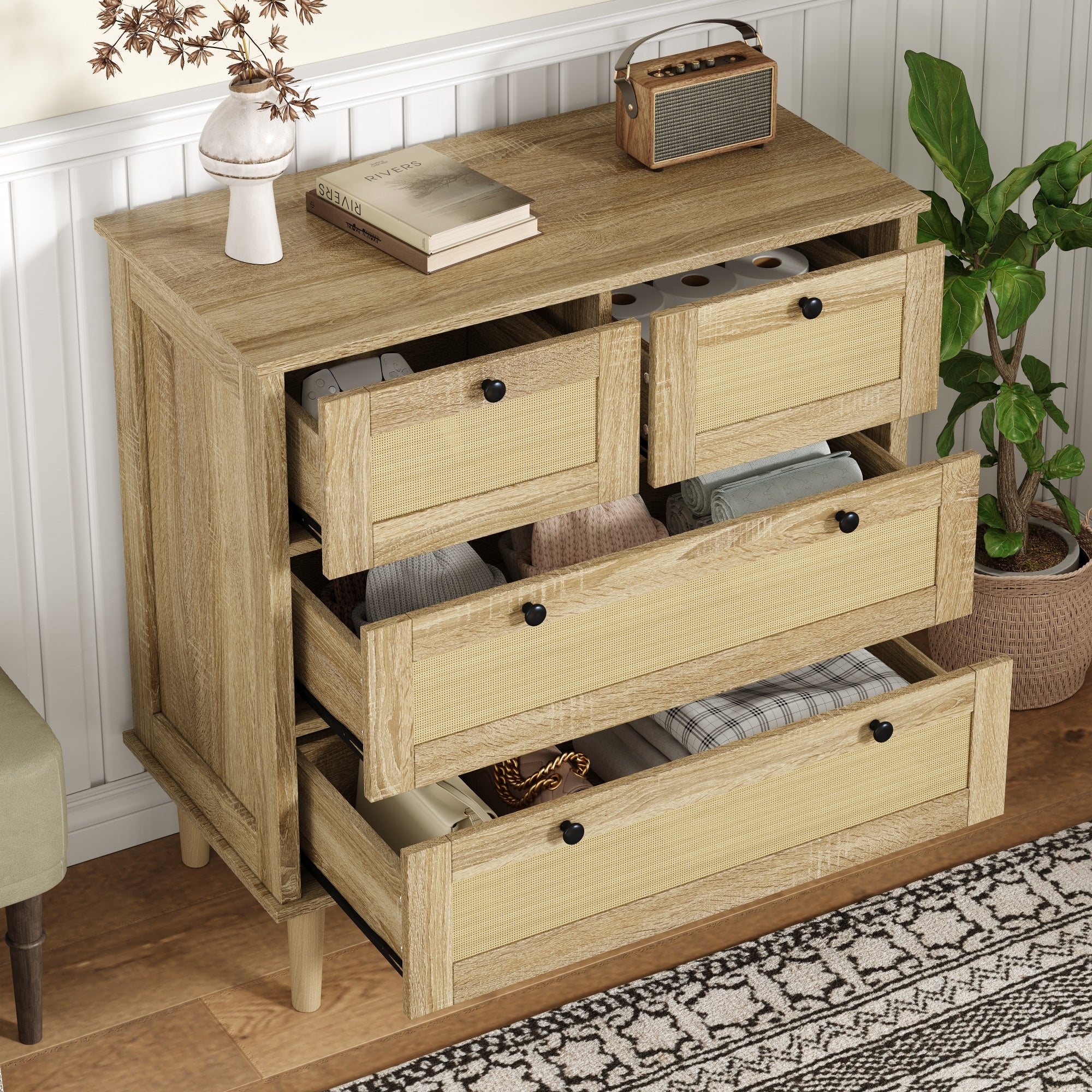 Commode avec 4 tiroirs en rotin - 80 x 40 x 80 cm - Panneaux de particules - Naturel - 7