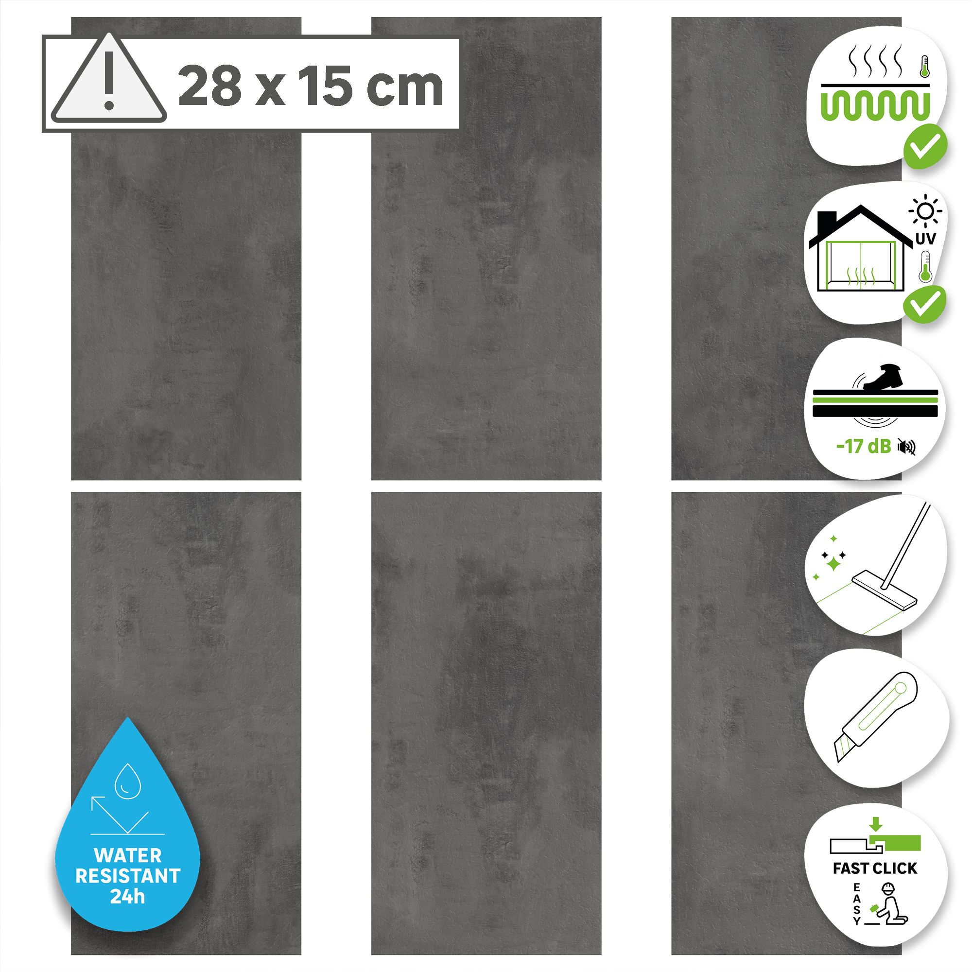 ARTENS - Échantillon de dalle PVC - 28 x 15 cm - Sol PVC à clipser SEREN avec sous-couche intégrée - INTENSO EXTREM - Effet pierre - Gris foncé - - 2