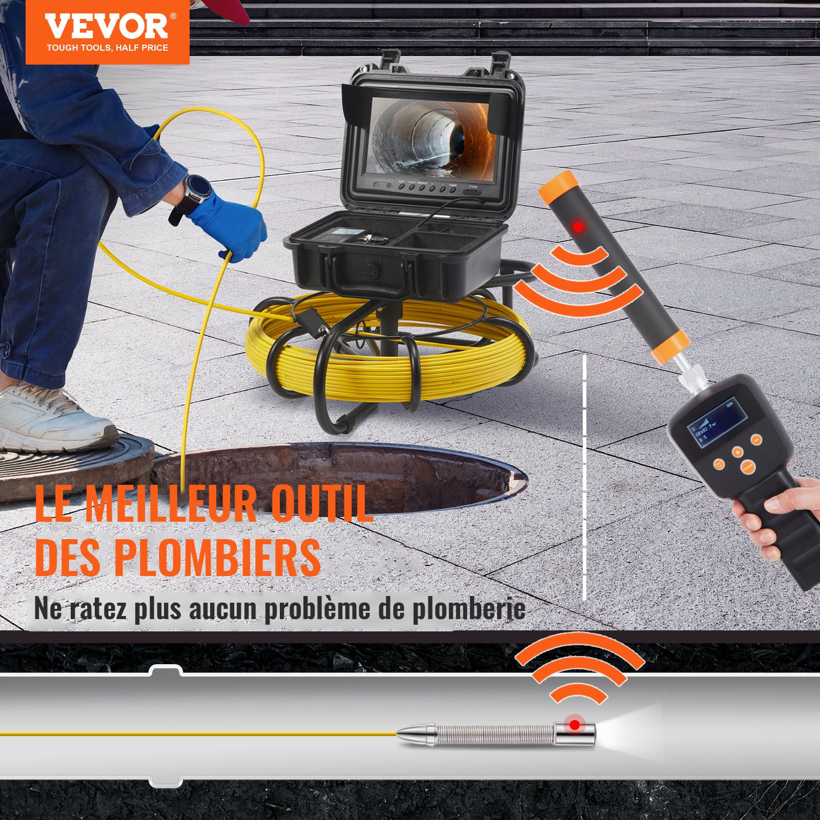 Caméra Inspection Canalisation 50m - Sanyipace Caméra Endoscopique Tuyaux, écran 9", émetteur 512Hz, Auto-nivellement, étanche IP68