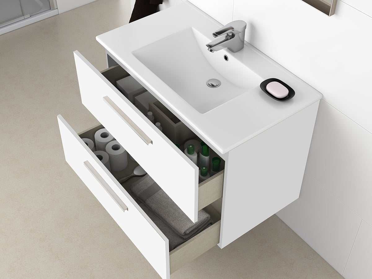 Meuble sous vasque de salle de bain Suspendu 80 cm avec 2 tiroirs + Miroir - Hauteur 57 x Longueur 80 x Profondeur 45 cm - 3