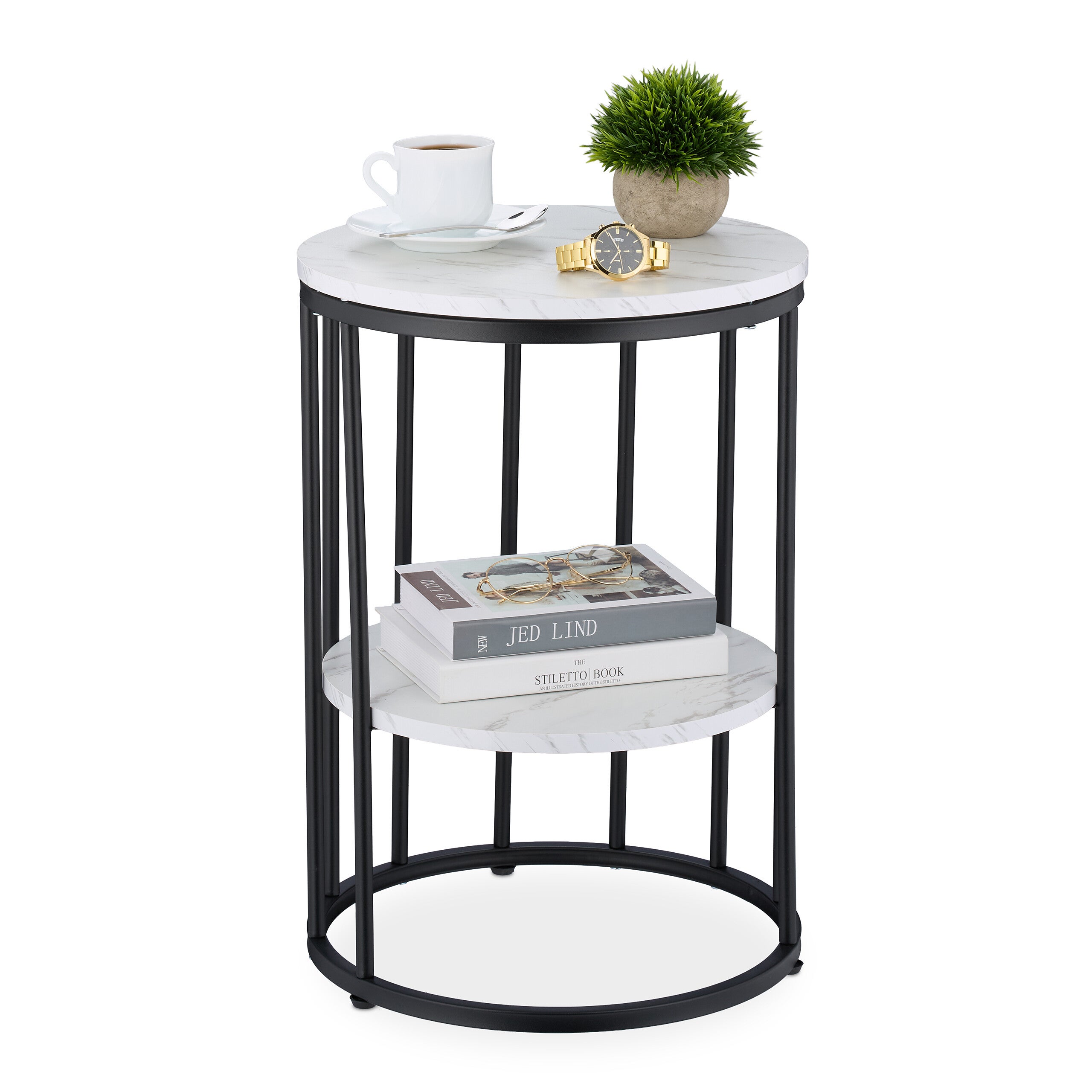 Relaxdays Table D'appoint, Aspect Marbre, 2 Surfaces De Rangement, Salon, Métal & MDF, Rond, HxD 55,5x40 Cm, Blanc/doré