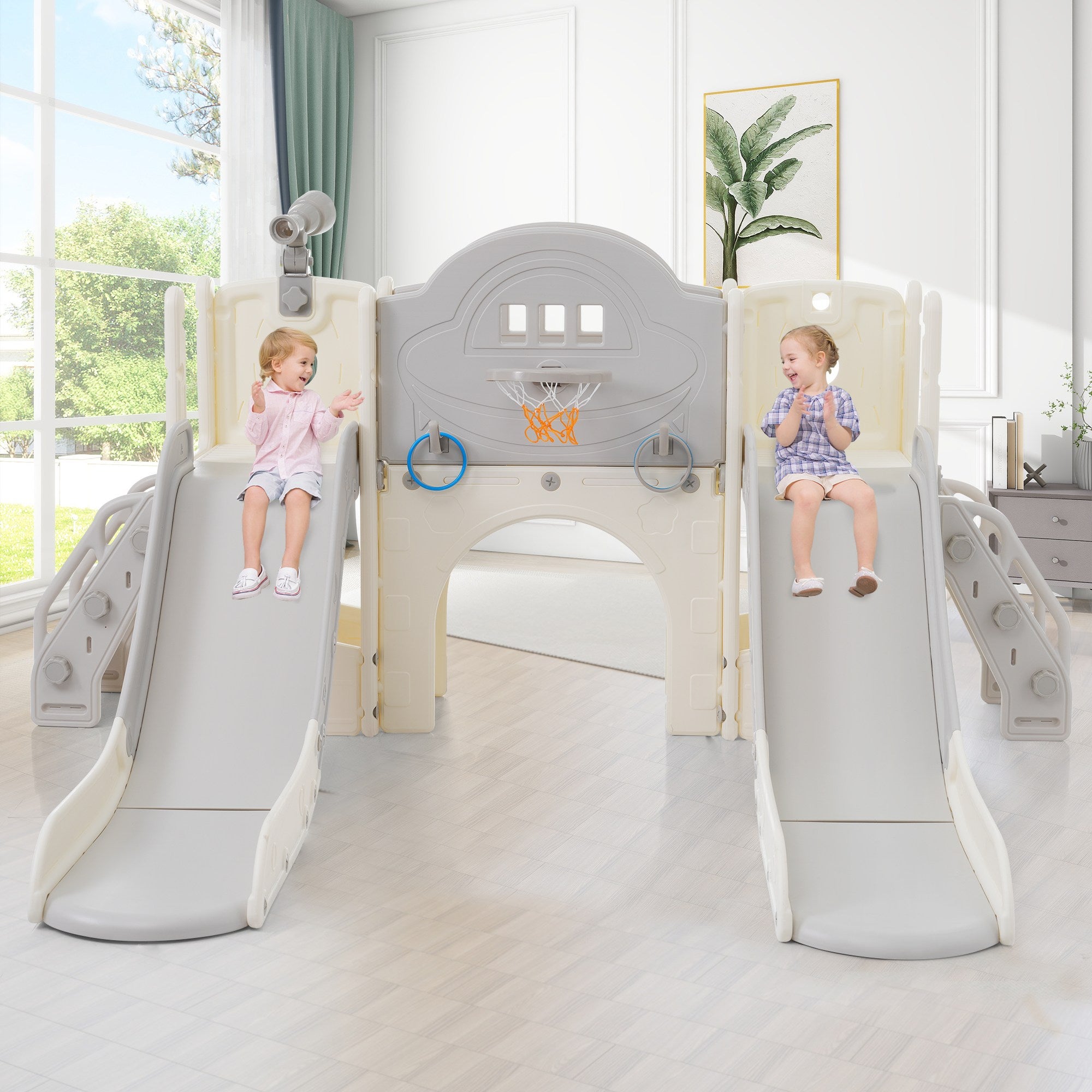 Toboggan 8-en-1 Pour Enfants – Escalade, Panier De Basket, Rangement Et Plus – Aire De Jeux XXL 200x165x95 Cm