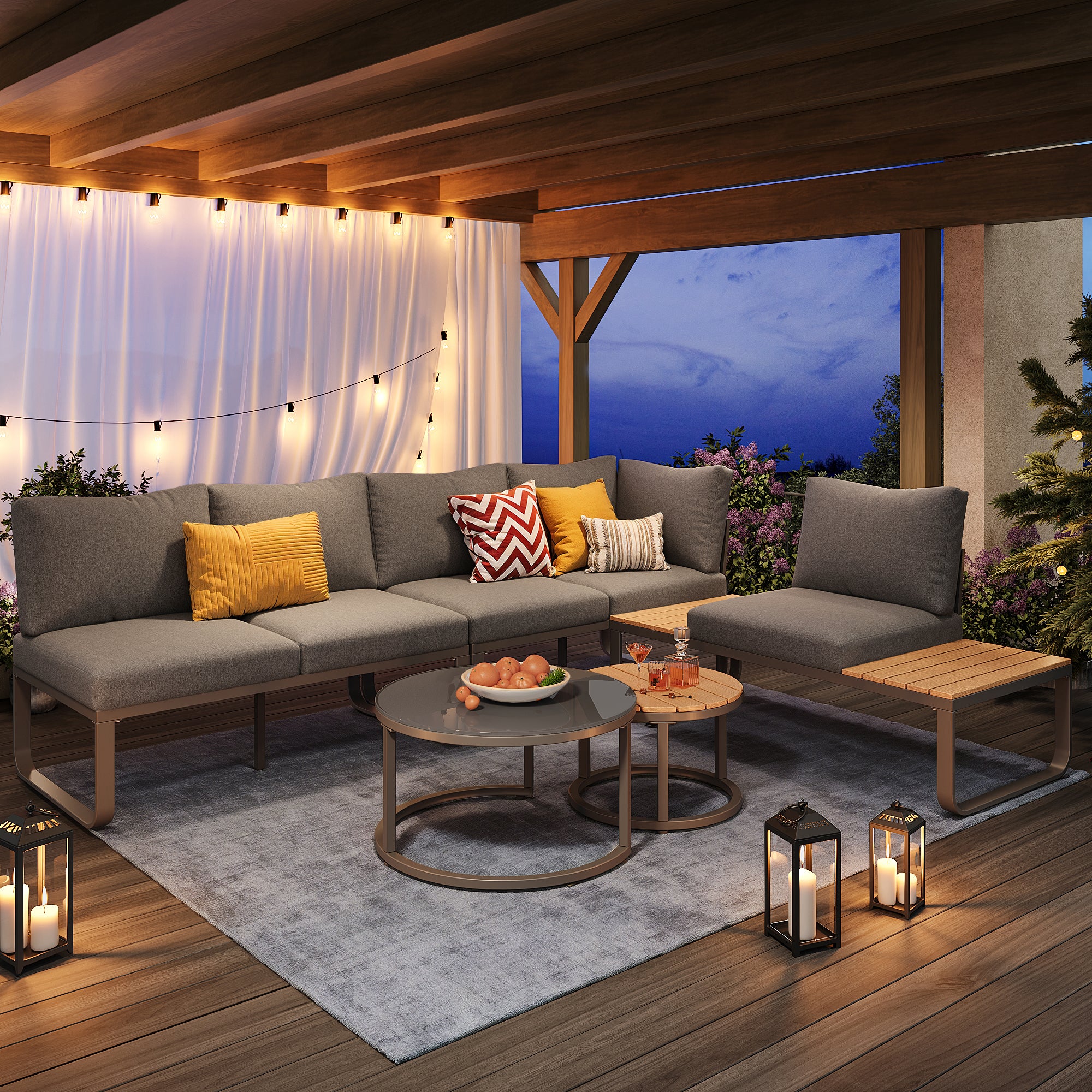 Salon de jardin modulable en fer galvanisé : 2 canapé 2 places + 1 canapé 1 place + 1 tabouret + tables basses gigognes - Gris - 2