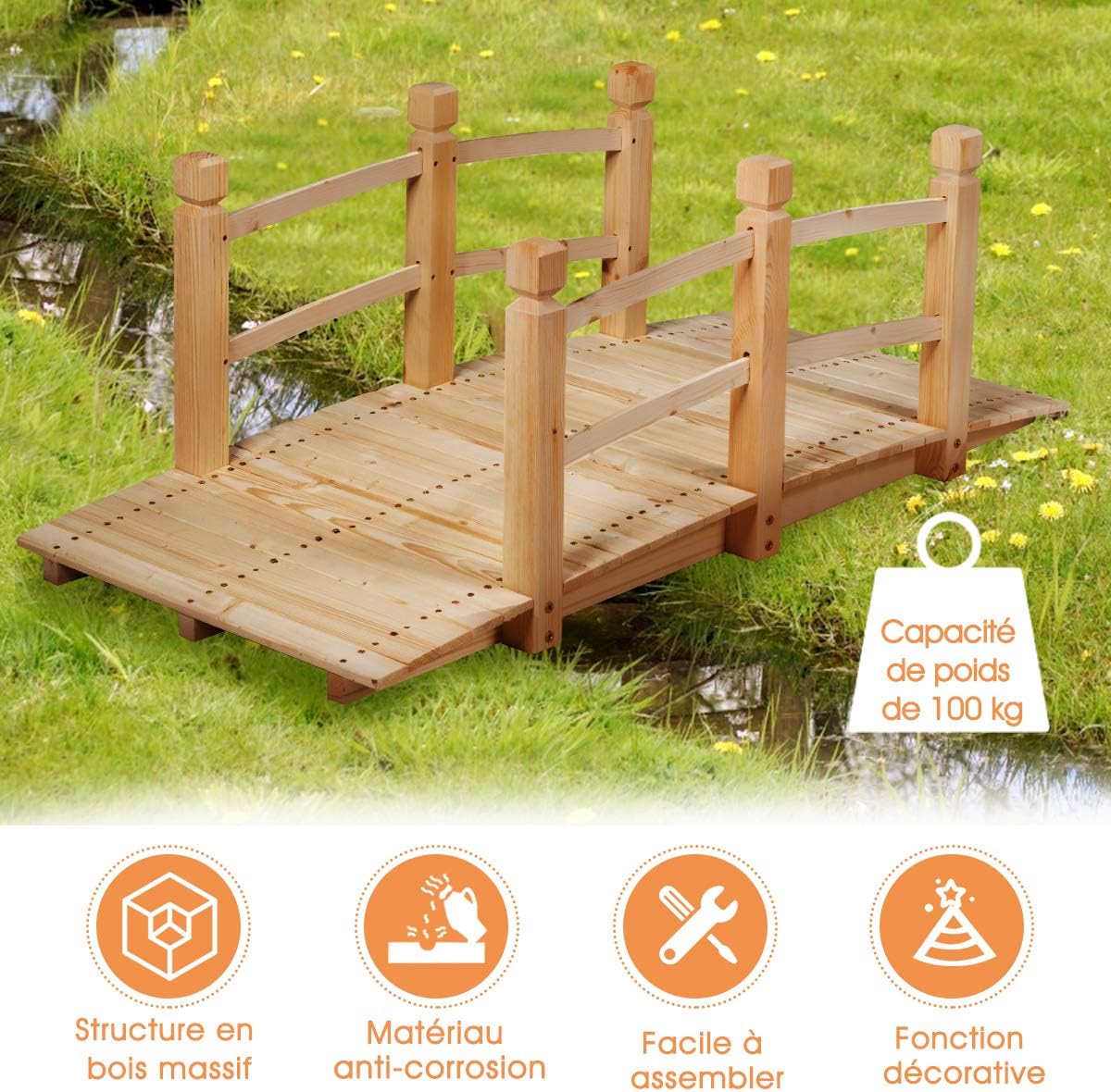 &nbsp;Pont de Jardin en Bois avec Balustrades 150 x 67 x 56 cm Charge 150 kg Max, Beige - 5