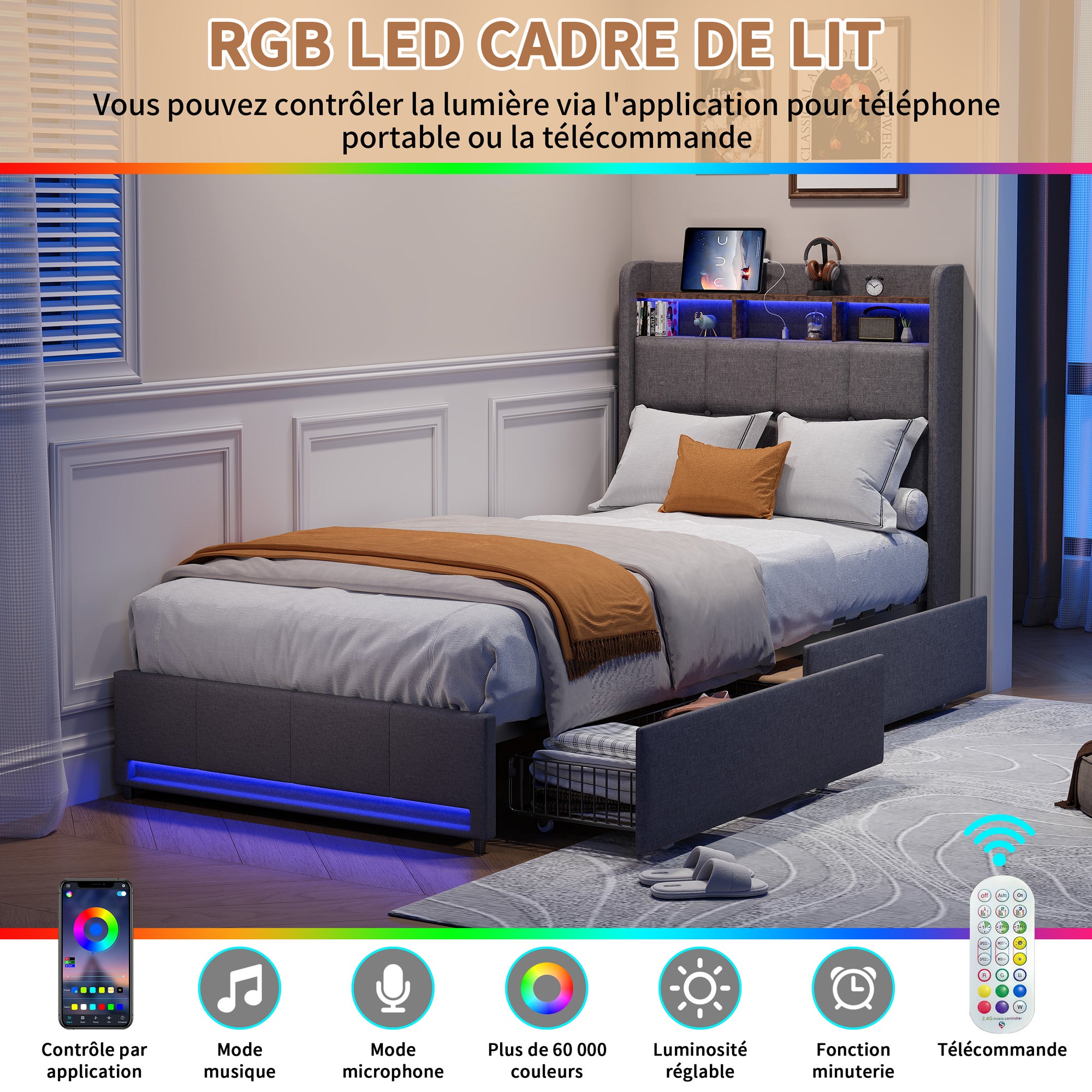Lit adulte 90x200 cm beige avec 2 tiroirs, port USB et LED, lin, sommier à lattes Lit adulte 90x200 cm beige avec 2 tiroirs, port USB et LED, lin, sommier à lattes