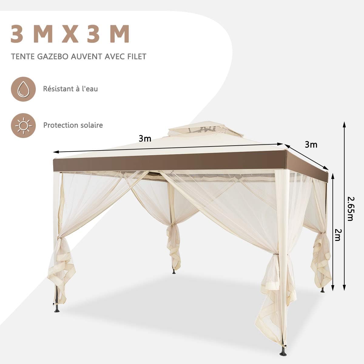 Pavillon de Jardin 3x3m UV50+, Tonnelle Autoportant Imperméable avec 4 Moustiquaires Amovibles pour Jardin/Terrasse/Réception, Beige - 3