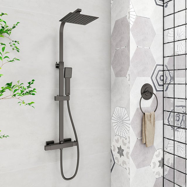 OCEAN Colonne doccia termostatiche, set doccia completo nero con soffione doccia 20x20cm, sistema doccia montaggio a parete