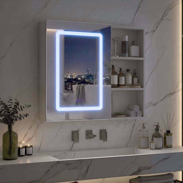 Armoire murale miroir salle de bain LED 3 tons antibuée, 1 porte 60,2x15,2x60,2 cm, prise intégrée,étagères réglables, blanc