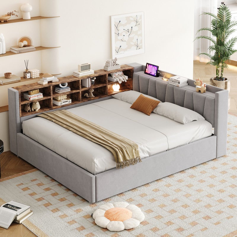 Tapicerowana sofa rozkładana 140 x 200 cm - z oświetleniem LED - z portami ładowania USB + Type-C - jasnoszara (materac nie jest wliczony w cenę) - 5