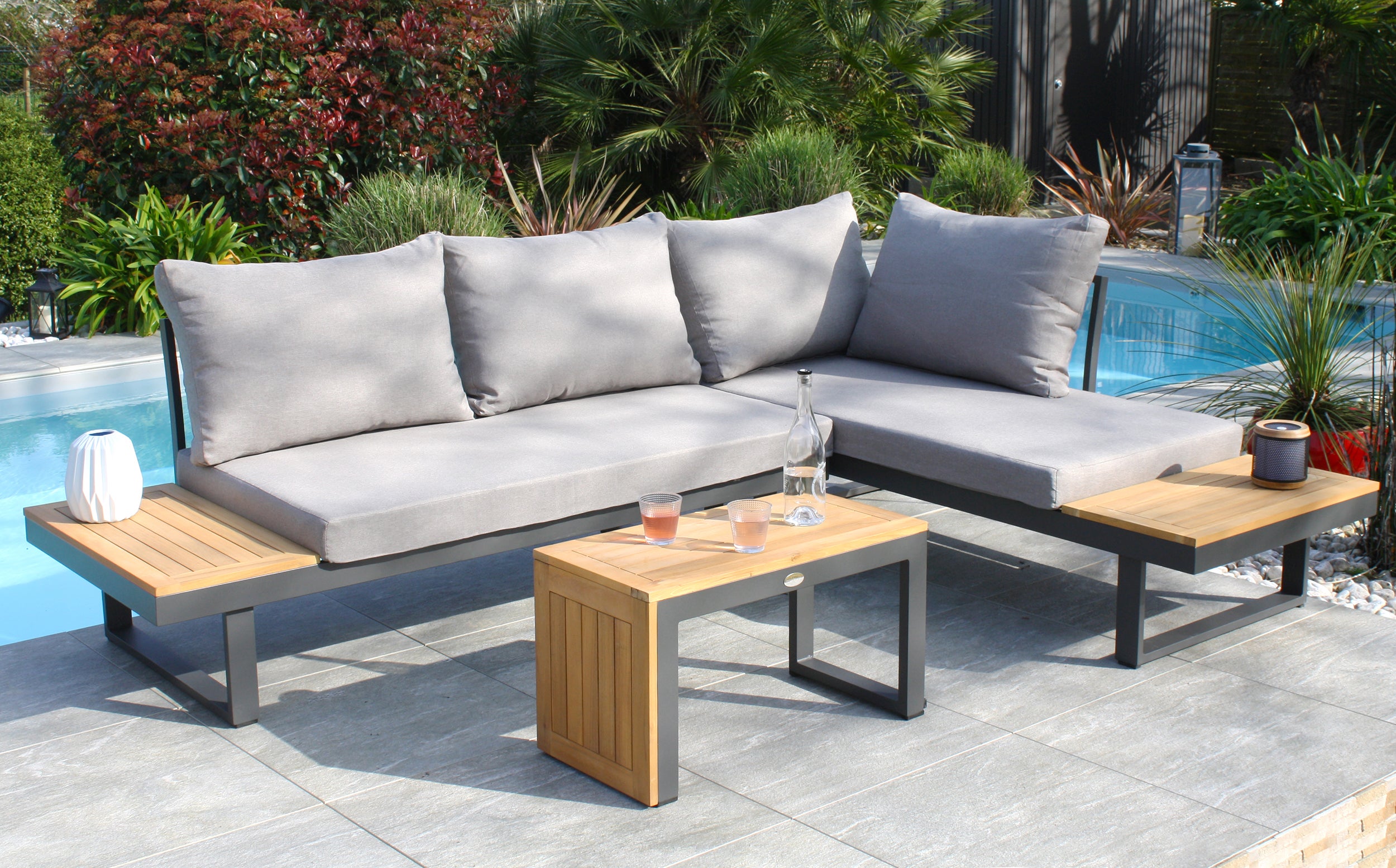 Salotto da giardino 4 posti in legno di acacia e alluminio antracite TOKYO - DCB GARDEN - 9