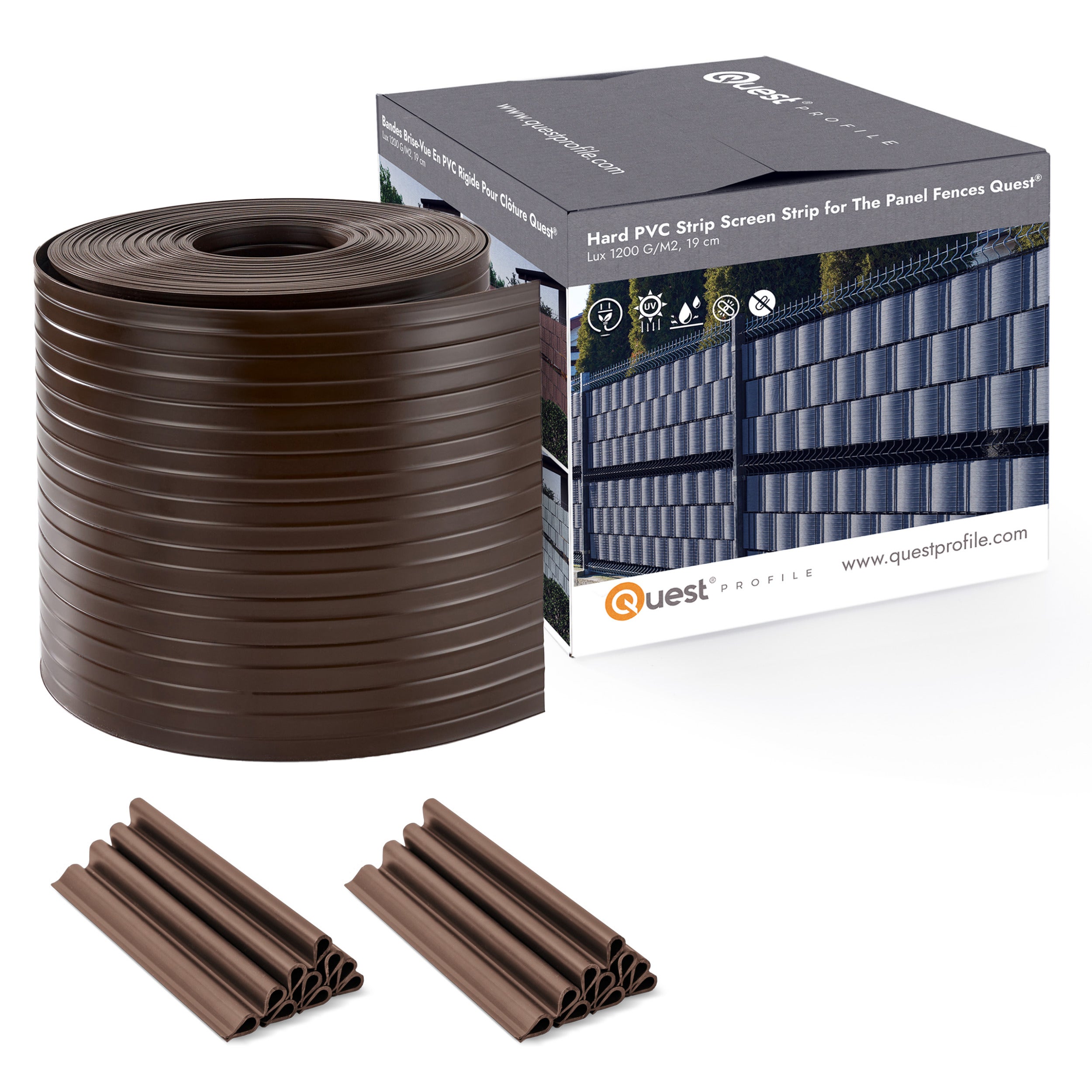 QUEST Taśma ogrodzeniowa PCV 19cm, listwa do ogrodzeń panelowych premium, 900 g/m2, RAL 8017, brąz, 26 m + 20 x klipsy
