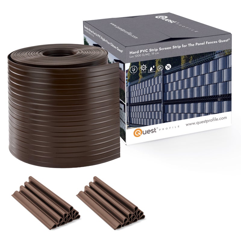 QUEST Taśma ogrodzeniowa PCV 19cm, listwa do ogrodzeń panelowych premium, 900 g/m2, RAL 8017, brąz, 26 m + 20 x klipsy