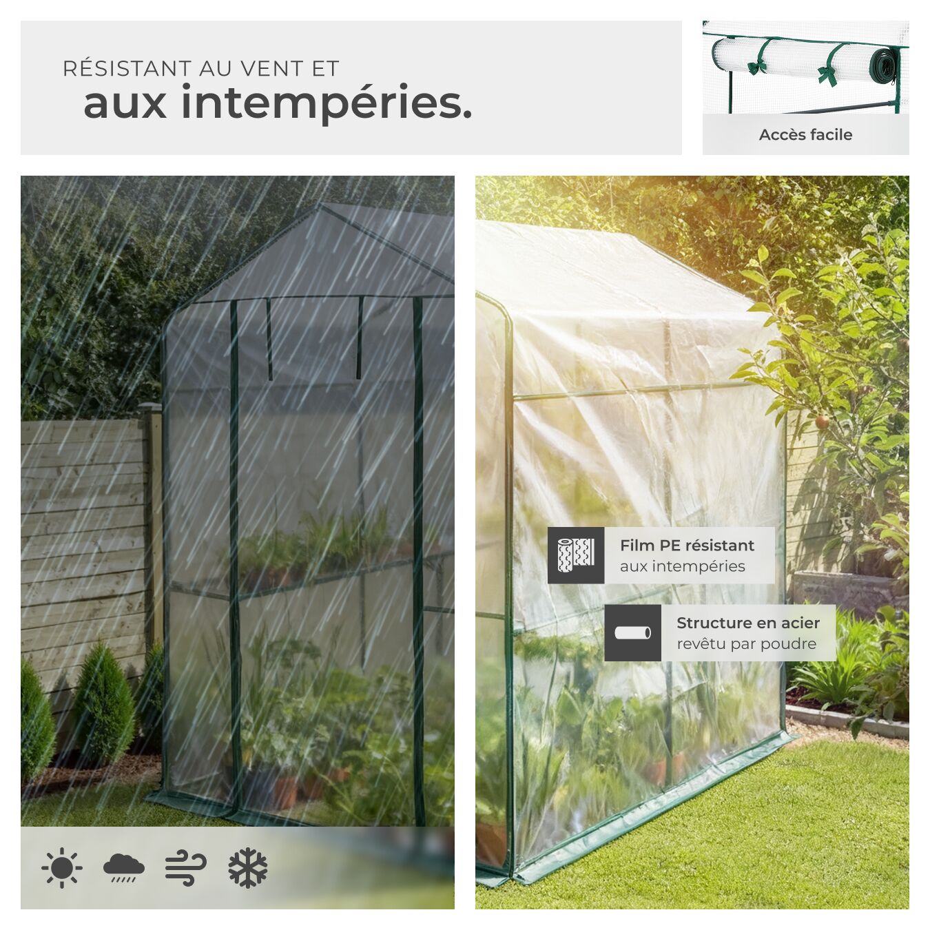 Serre de jardin en acier, bâche armée résistante aux uv, étagères grillagées, 186 x 120 x 190 cm, blanc TECTAKE - 7