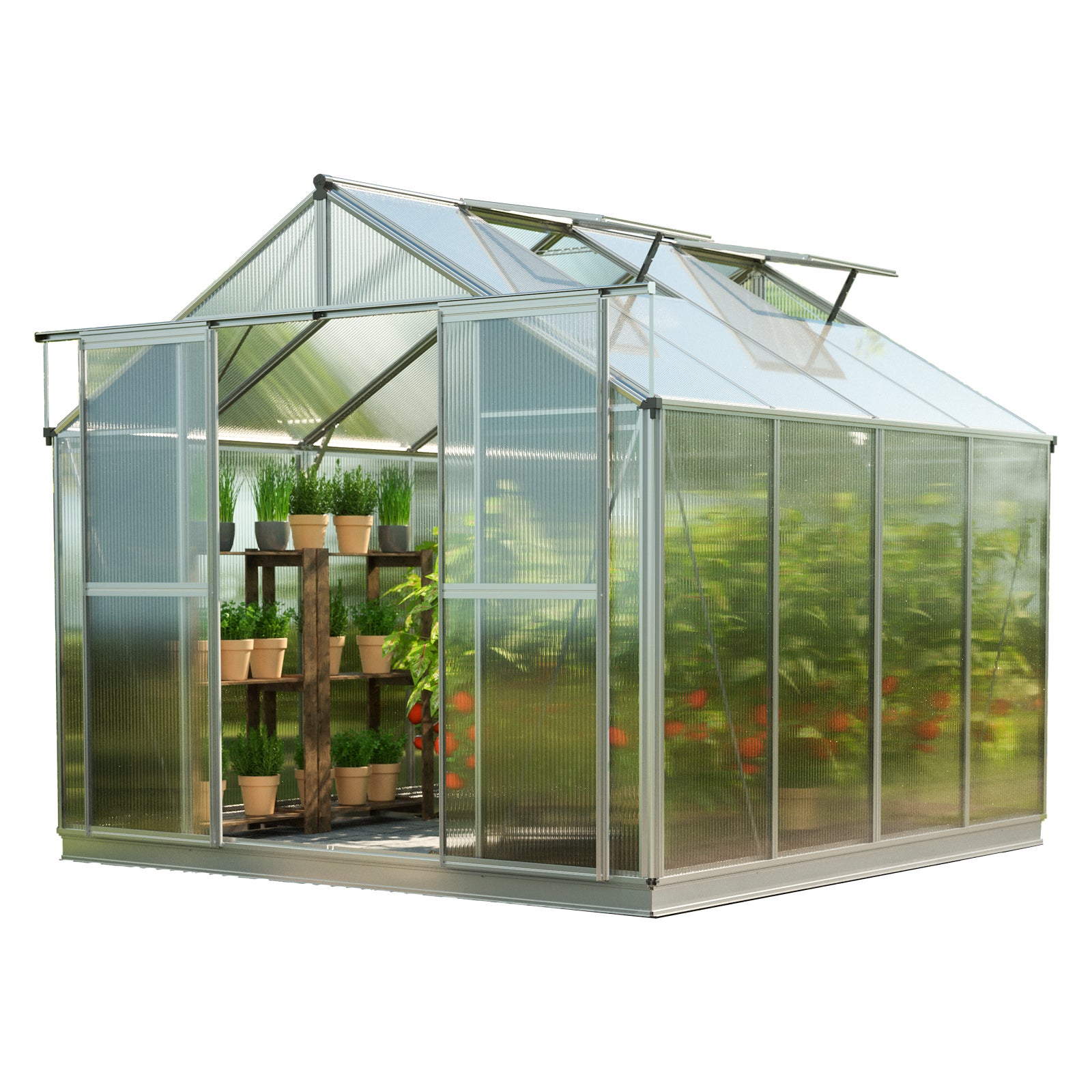 GFP szklarnia Topas 4 rama aluminiowa 225x259 cm - płytami poliwęglanowymi ok. 6 mm - z ramą fundamentową i aut. mechanizm otwierania okien