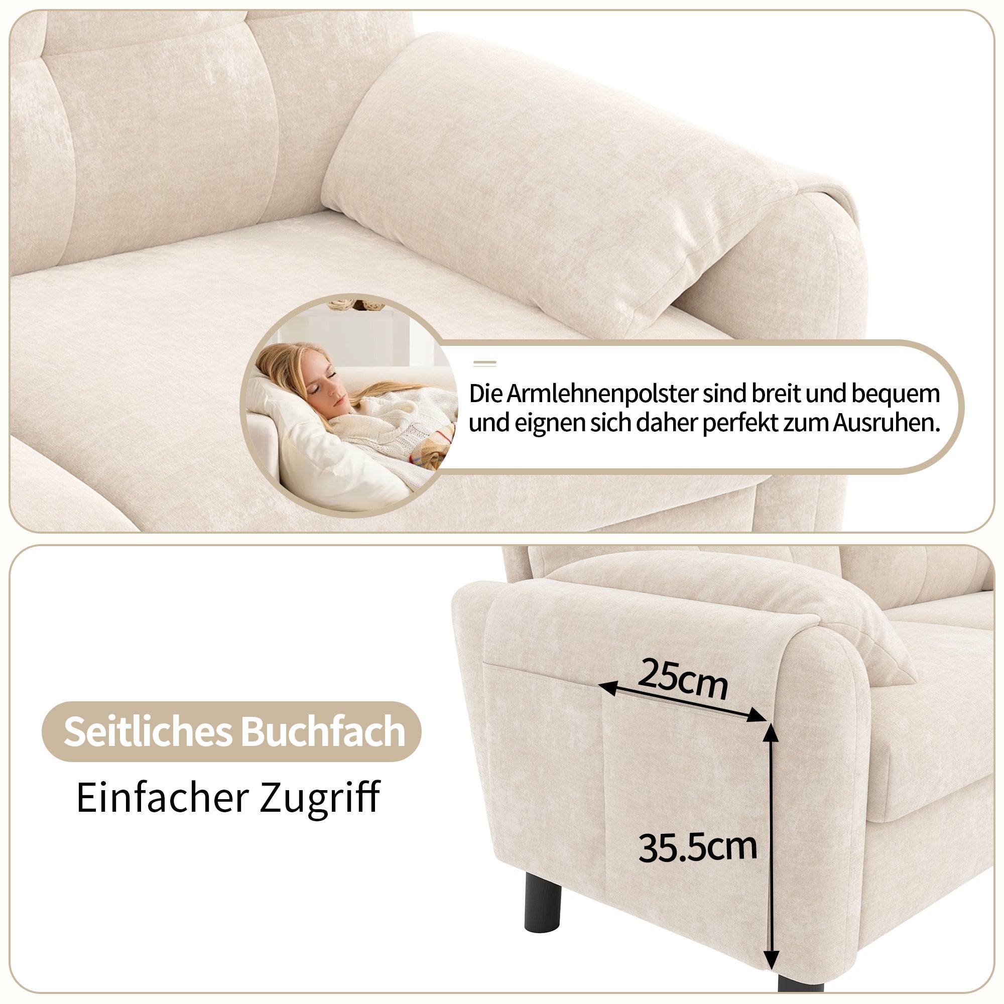 Nowoczesna sofa 2-osobowa z grubymi poduszkami - 158 x 80 x 88,5 cm - Tkanina szenilowa - Beż - 6