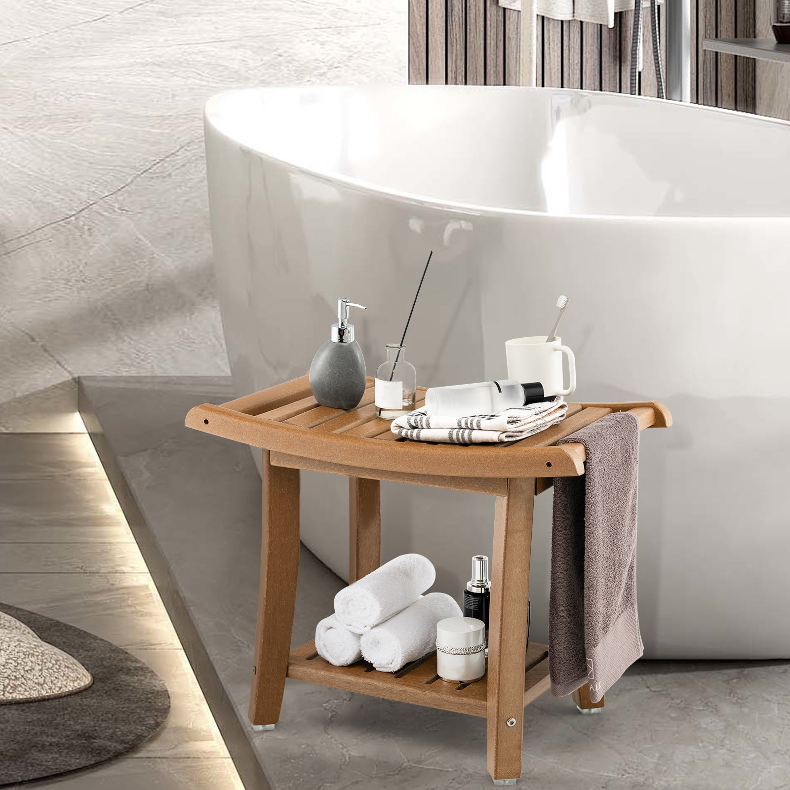 Tabouret Salle de Bain 2 Niveaux en PEHD Étanche, Banc de Douche Antidérapants Siège Incurvé pour Enfants et Adultes Charge 150kg, Marron - 7