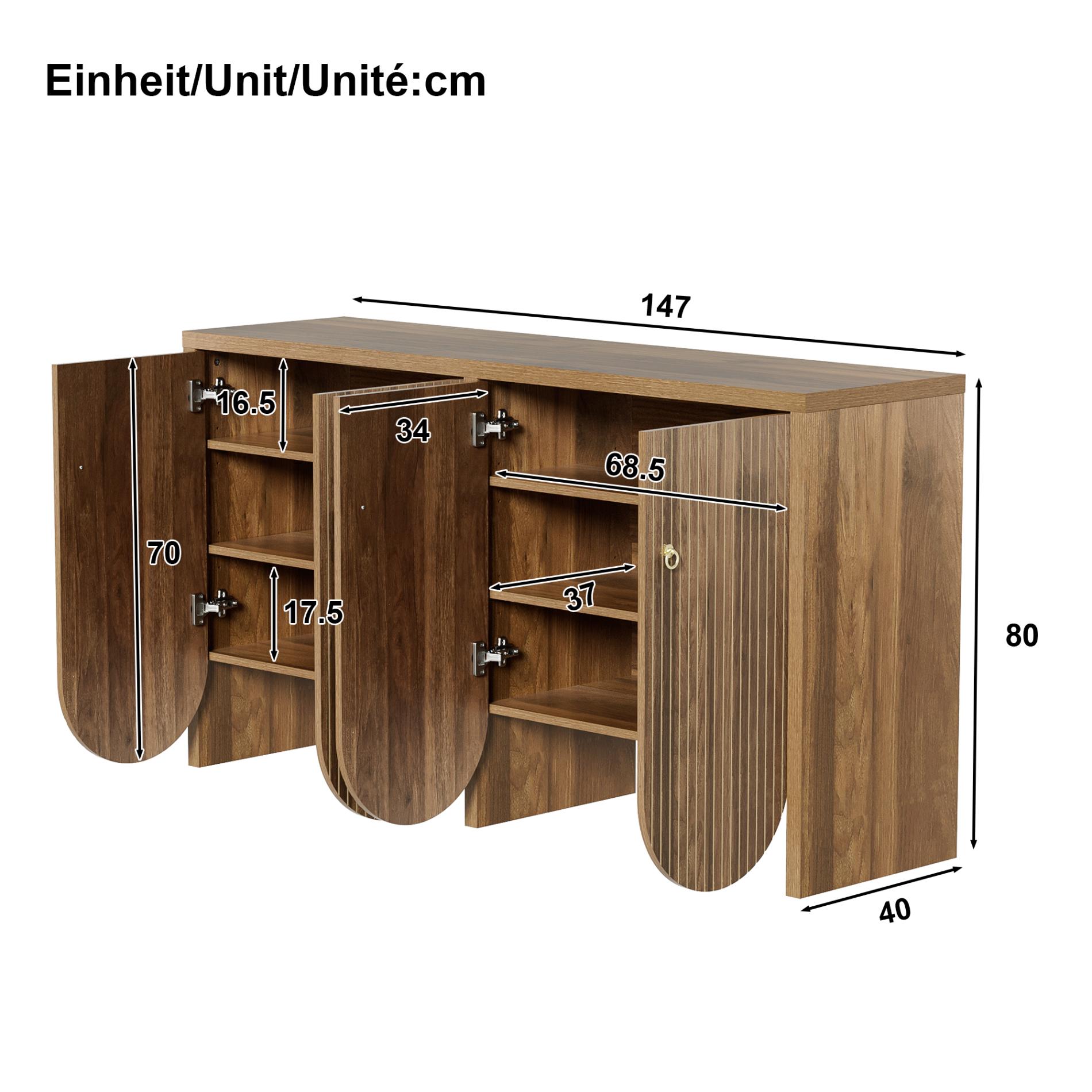 Elegancka orzechowa komoda – 147×40×80 cm z 4 drzwiami, regulowanymi półkami i aluminiowymi uchwytami - 9
