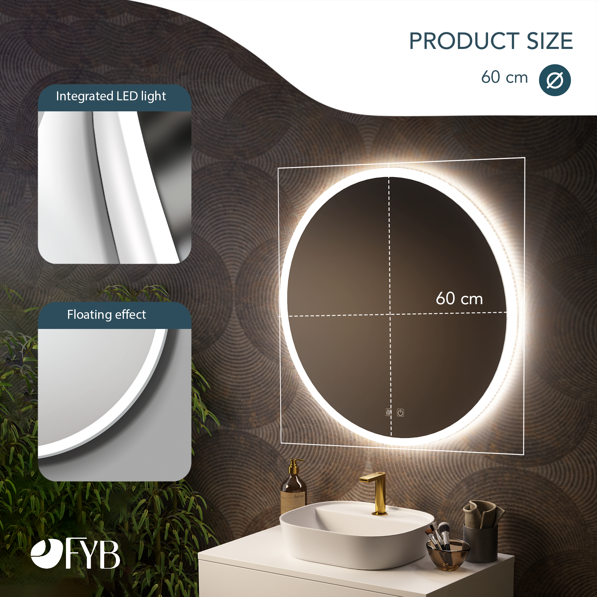Miroir de Salle de Bains Rond LED Ø60 cm, Bluetooth, 3 Teintes ...