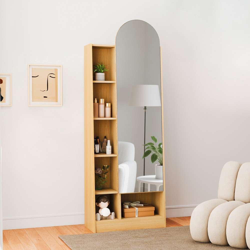 Armoire à chaussures avec miroir, colonne avec rangement et étagères réglables, bois naturel - 5