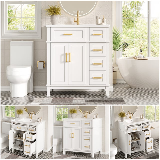 Mobile bagno con gambe e lavabo singolo in ceramica - 2 ante e 4 cassetti - 76 x 46,5 x 86 cm - MDF e metallo - Bianco