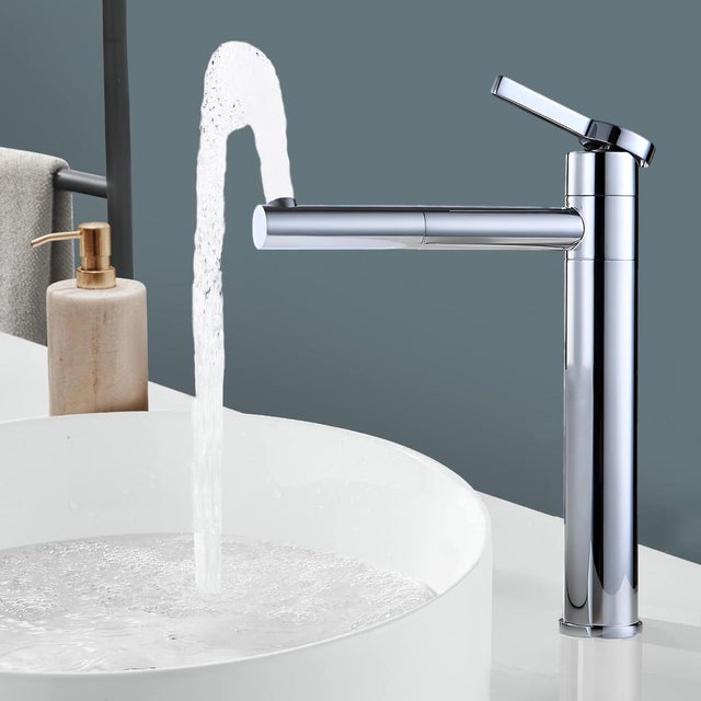 Robinet de Lavabo Chromé Pivotant 360°, Mitigeur Salle de Bain Haut Bec en Laiton, Robinetterie Lavabo pour Vasque