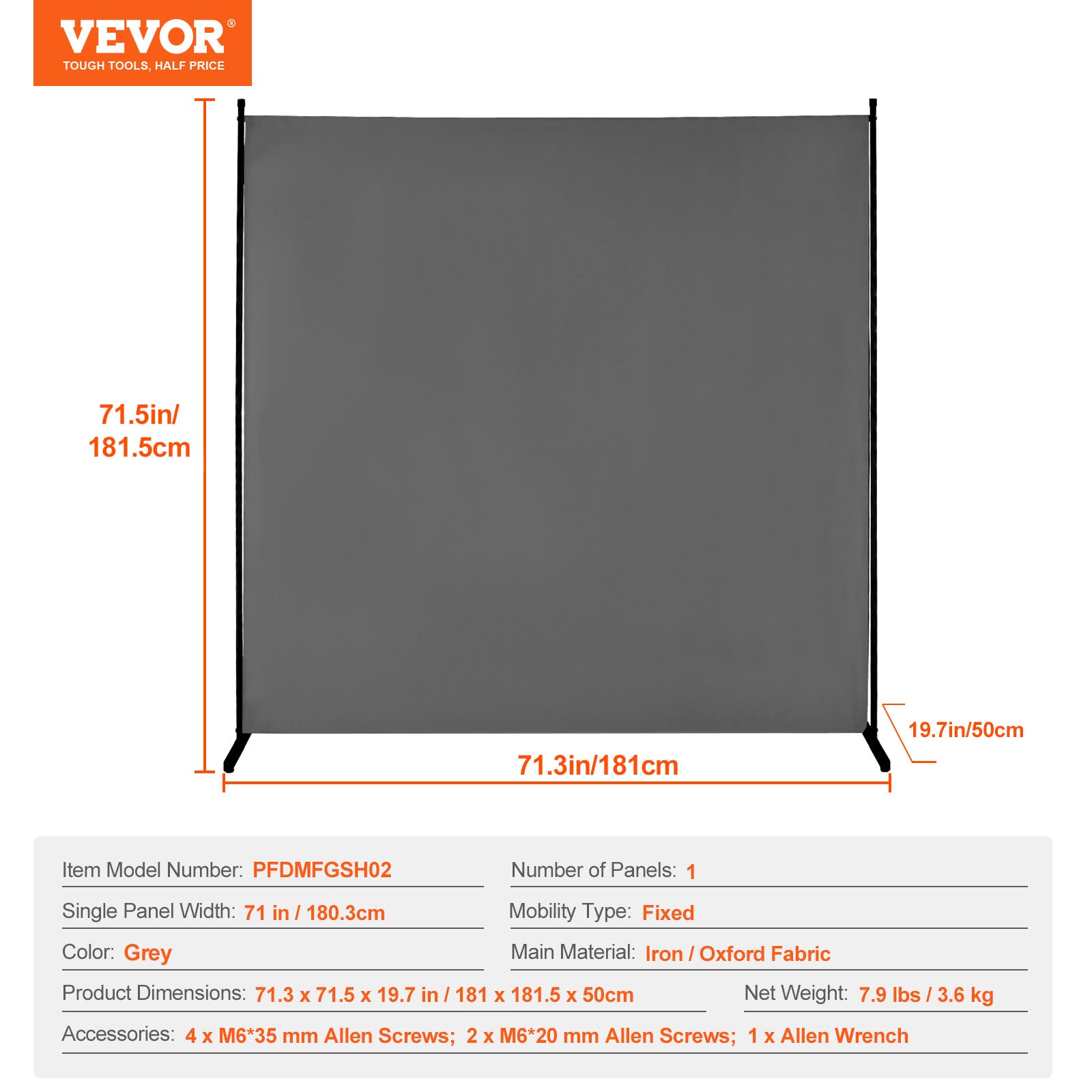 Paravent Multifonctionnel Panneau Unique,Cloison VEVOR 181 x 181,5 cm,Séparateur Intérieur,Brise-vue pour Bureau,Chambre,Gris - 7