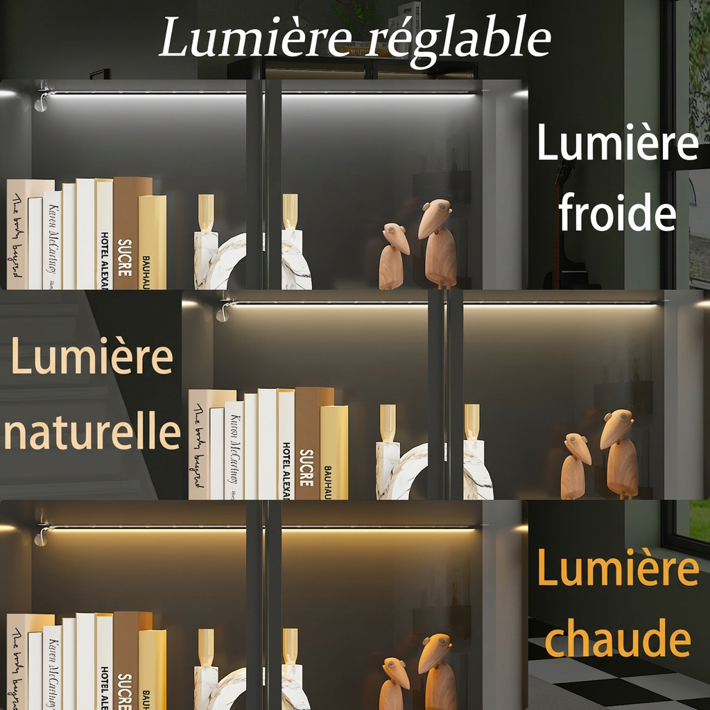 Vitrine avec LED et Portes en Verre Meuble de Rangement en Verre Debout avec 4 étagères Design Pop-up 80x40x160cm Noir - 3