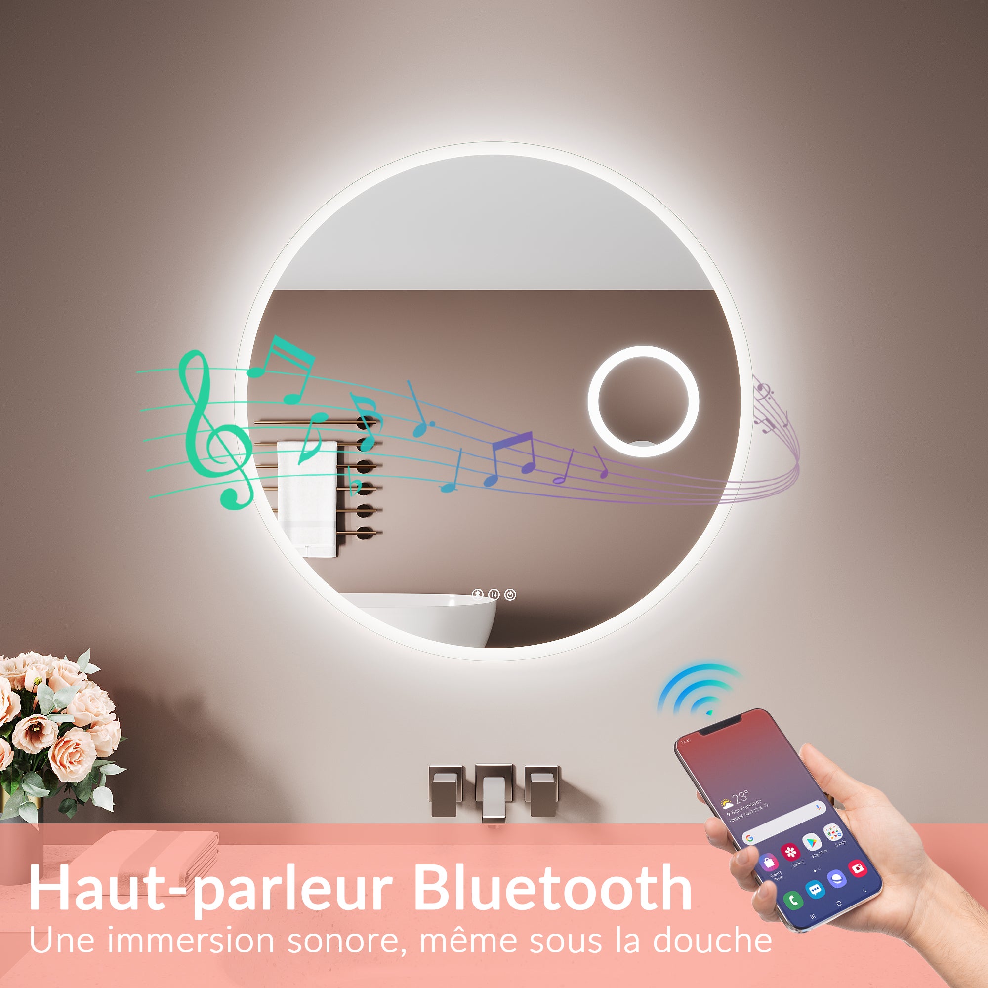 SIRHONA Miroir de Salle de Bain Rond Ø80cm, Bluetooth, Anti-Buée Centrale, Loupe 3x, Éclairage 3 Tons, Montage H/V - 5