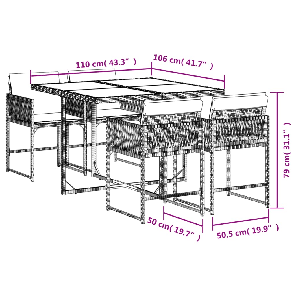 Set comedor de jardín 5 uds | Conjunto de mesa y sillas con cojines ratán sintético gris CFW30016 - 4