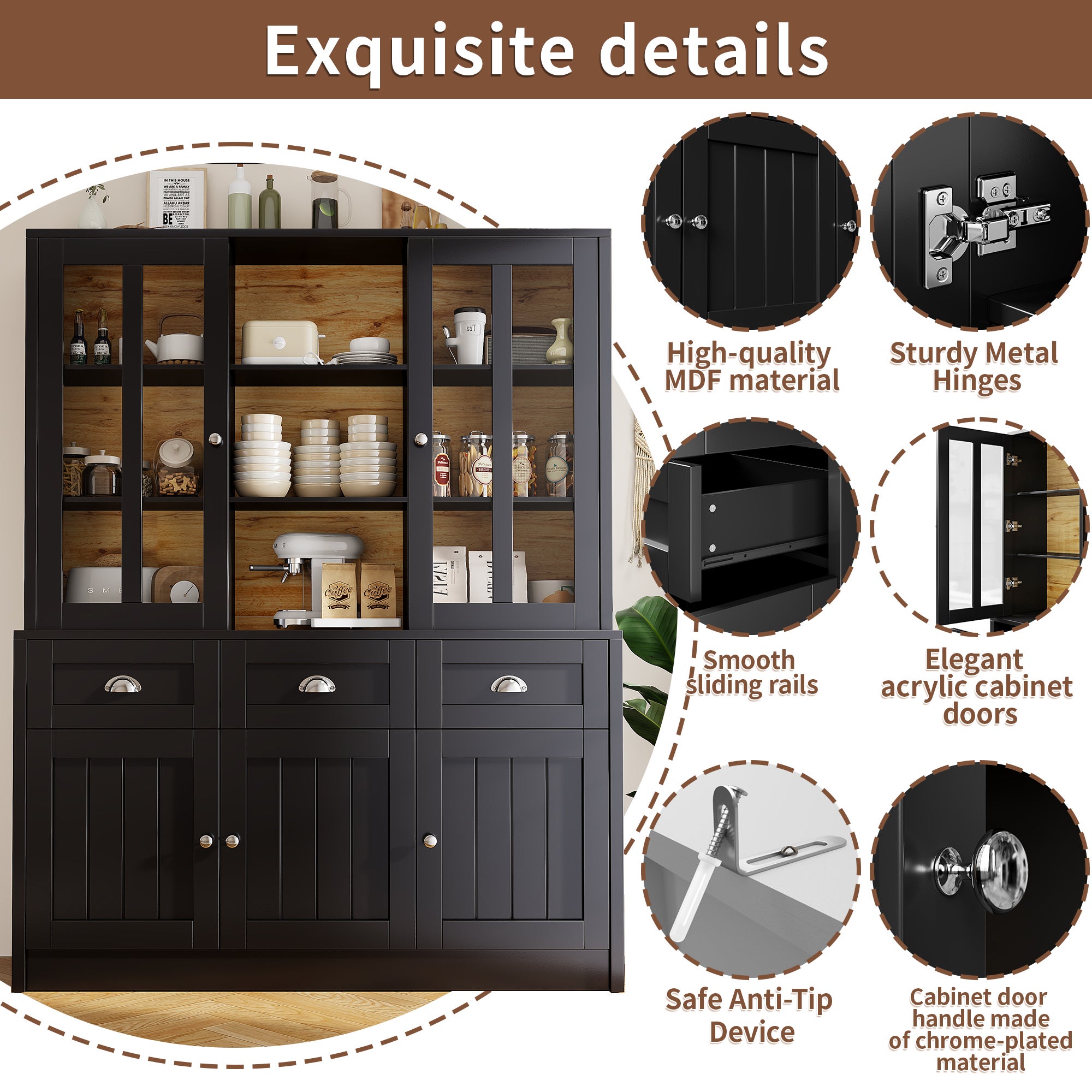 Buffet de cuisine avec 5 portes, 3 tiroirs et étagères de rangement, vitrine - 140 x 38.5 x 175 cm - MDF - Noir + naturel - 6