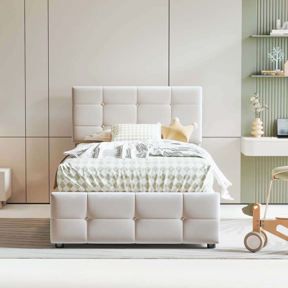 Letto per bambini 90x200 con contenitore idraulico, testiera regolabile, letto box alto in morbido velluto. - 3