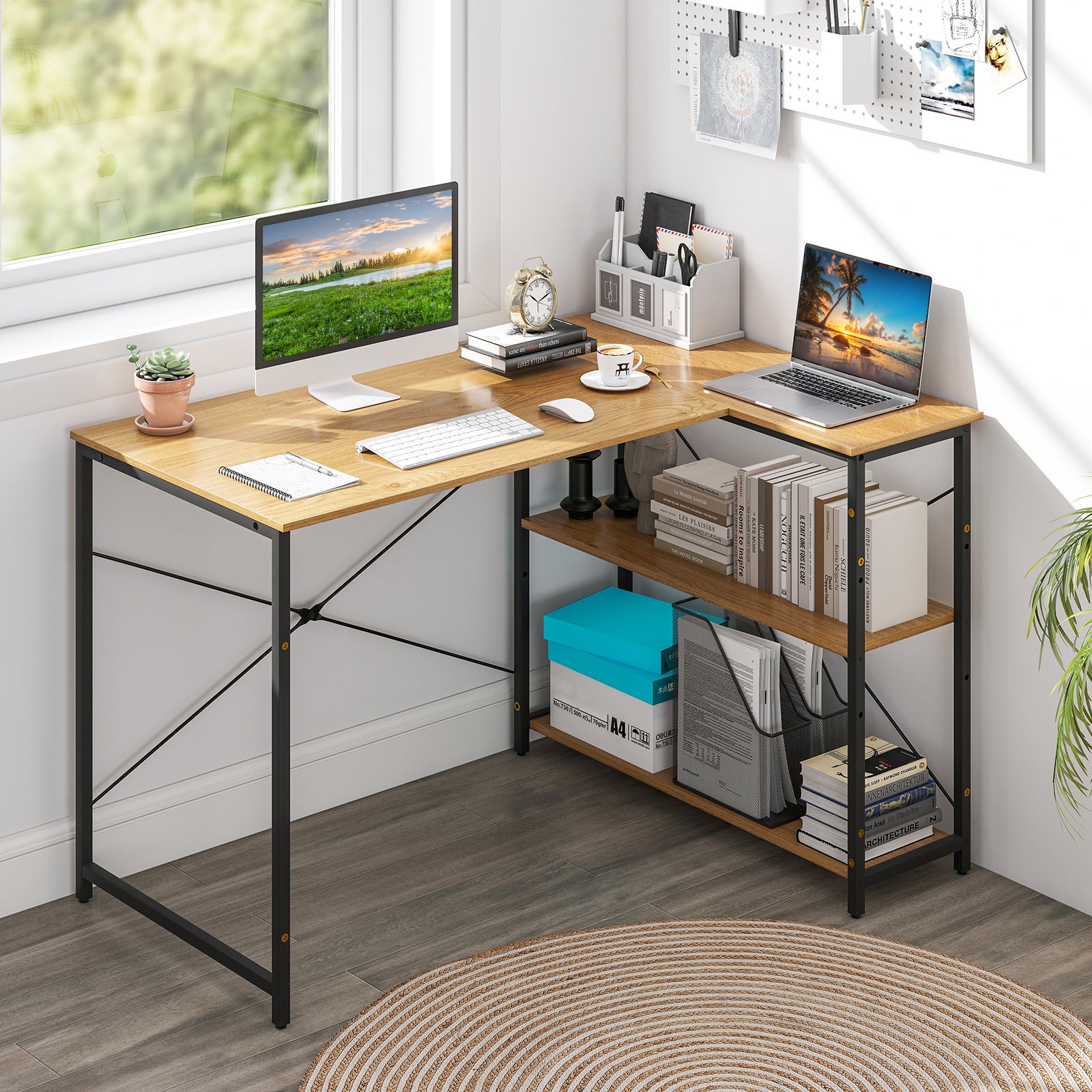 Bureau d'Ordinateur en Forme de L, Bureau d'angle Réversible avec Étagère Réglable, Table d'Étude Gain de Place, Naturel - 2