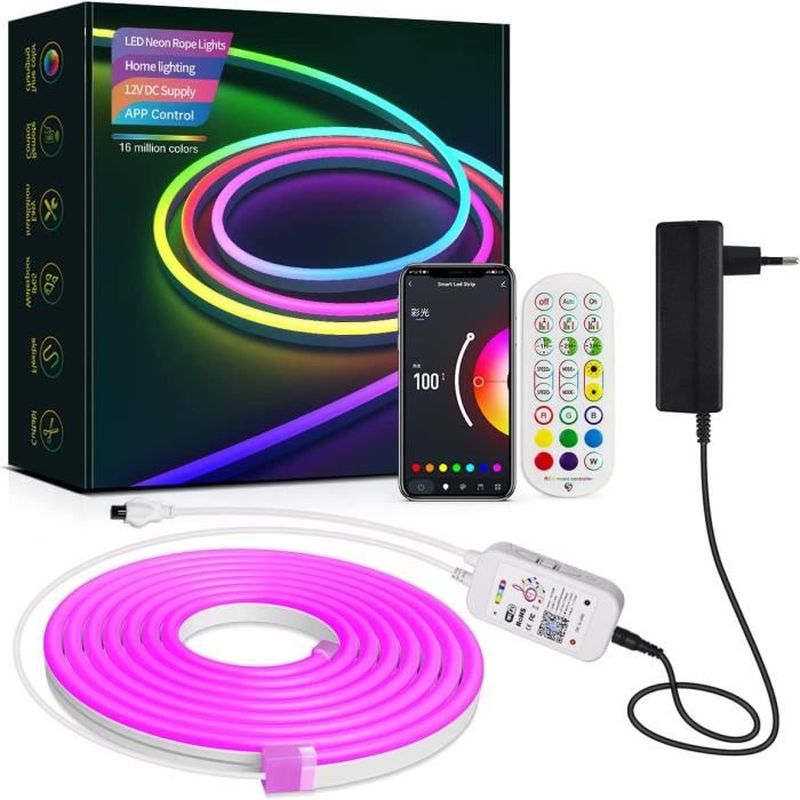 Néon Ruban LED - RGBIC - 5M - Multicolore - Étanche IP67 - Contrôle ...